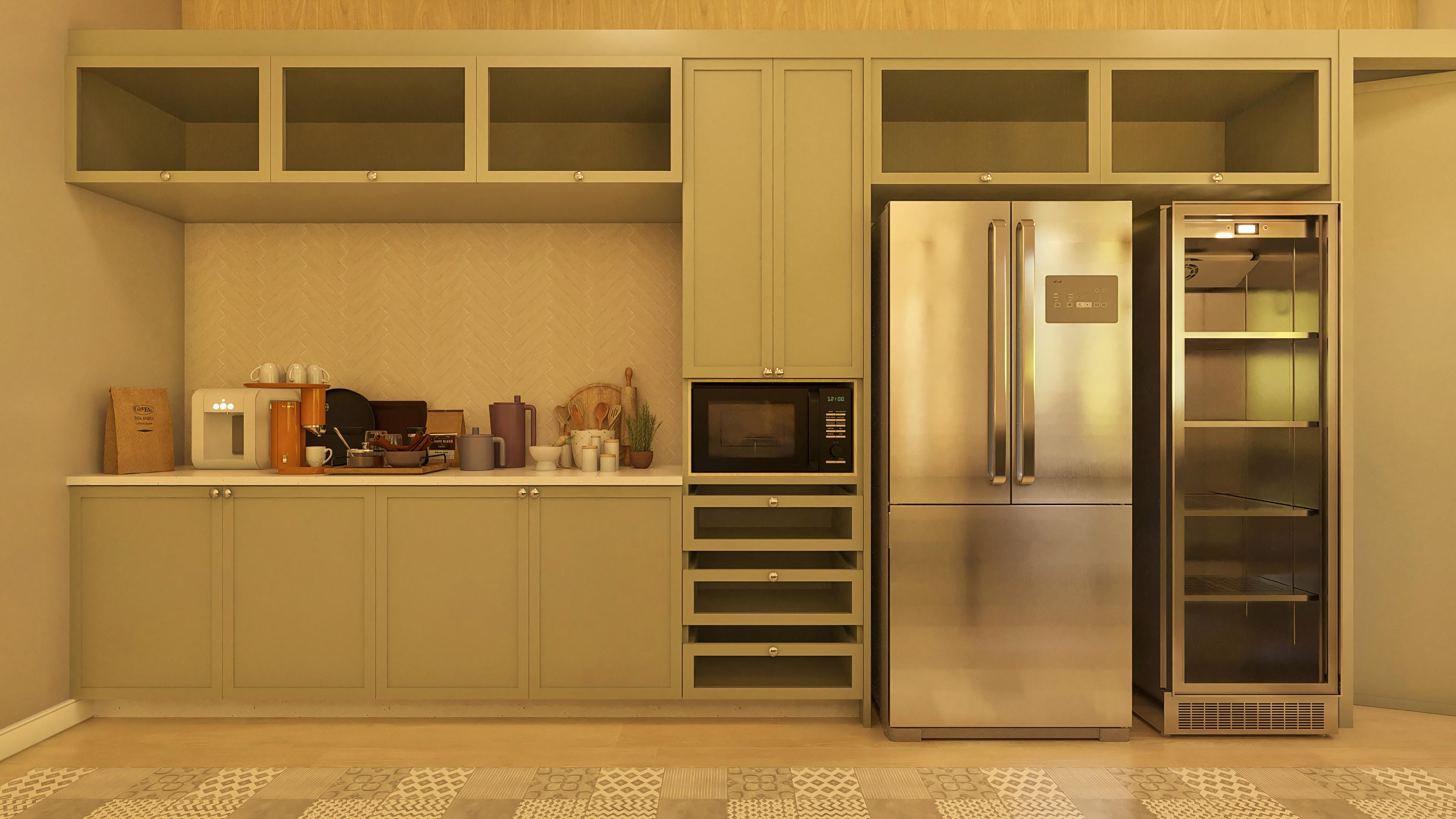 Cocina moderna con armarios integrales en tono verde musgo, barra clara y piso con diseño geométrico. Incluye electrodomésticos de acero inoxidable y detalles amaderados.