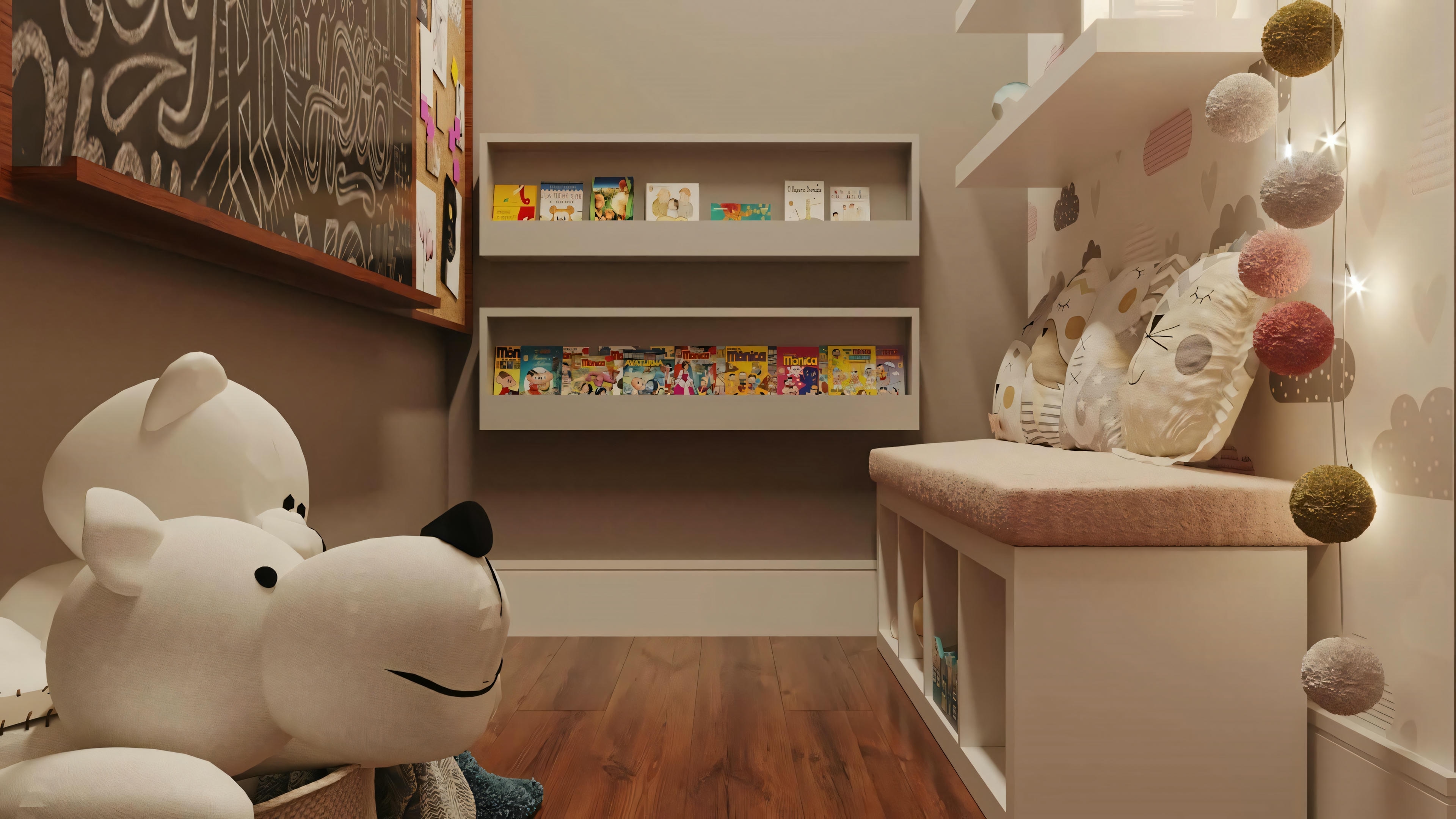 Cozy corner of a room with comfortable seating and soft lighting.
