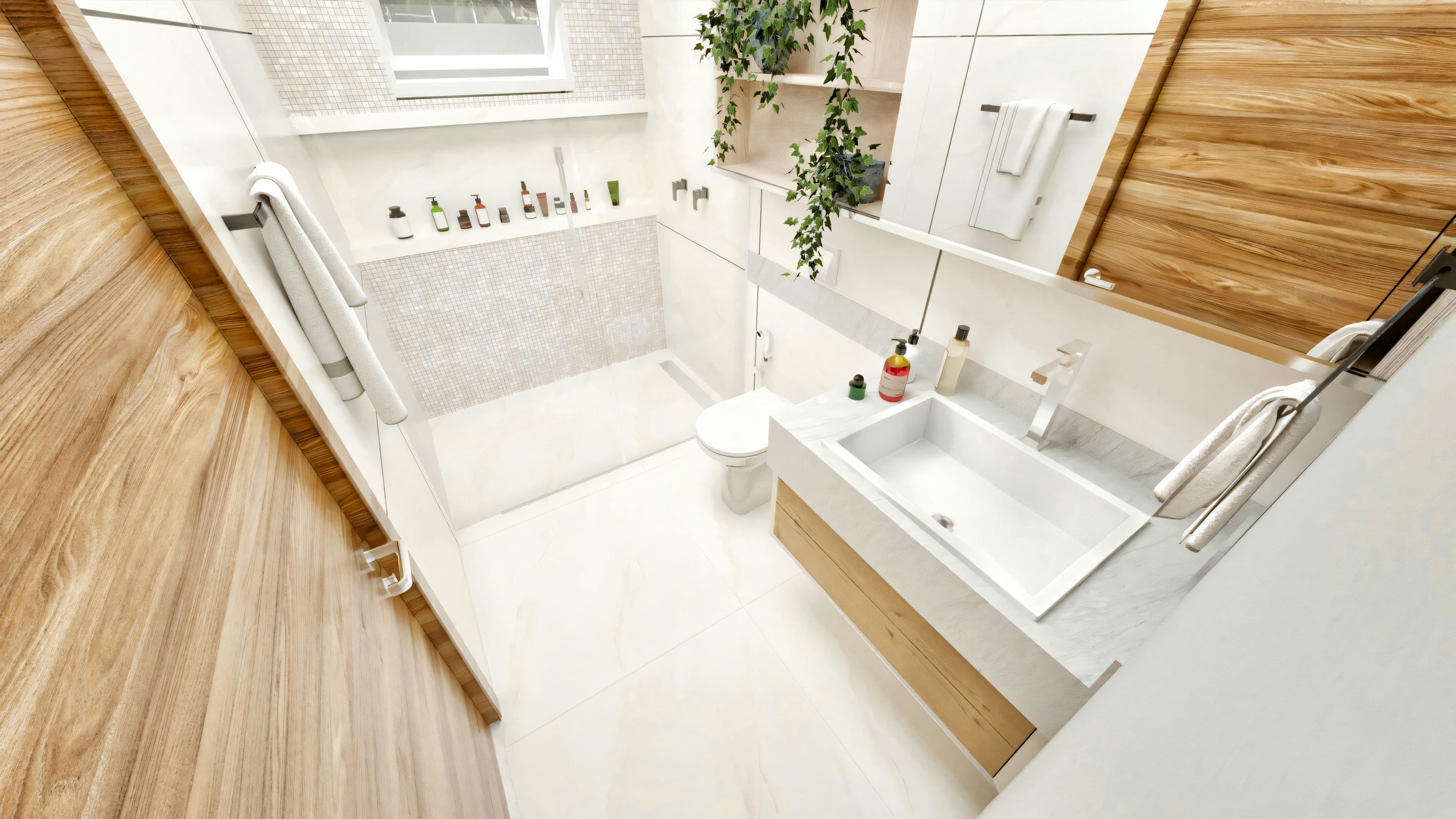 Vista superior amplia del cuarto de baño de suite en casa neoclásica moderna. Distribución completa visible, incluyendo puerta de madera, encimera clara con lavabo y cajones de madera, inodoro, estanterías decorativas con plantas y zona de la ducha al fondo. Uno de los 5 cuartos de baño del chalet.