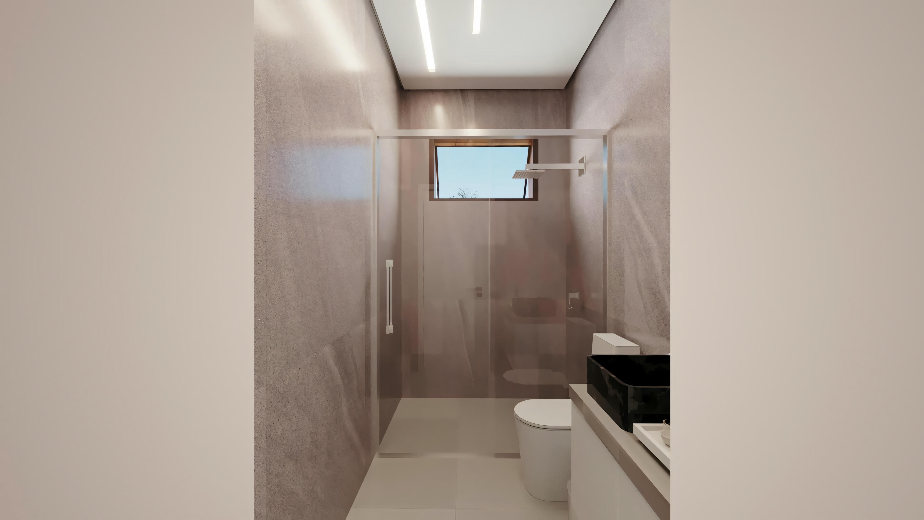 Un baño con ducha a ras de suelo, inodoro y zona de tocador, presentando tonos neutros y accesorios modernos.