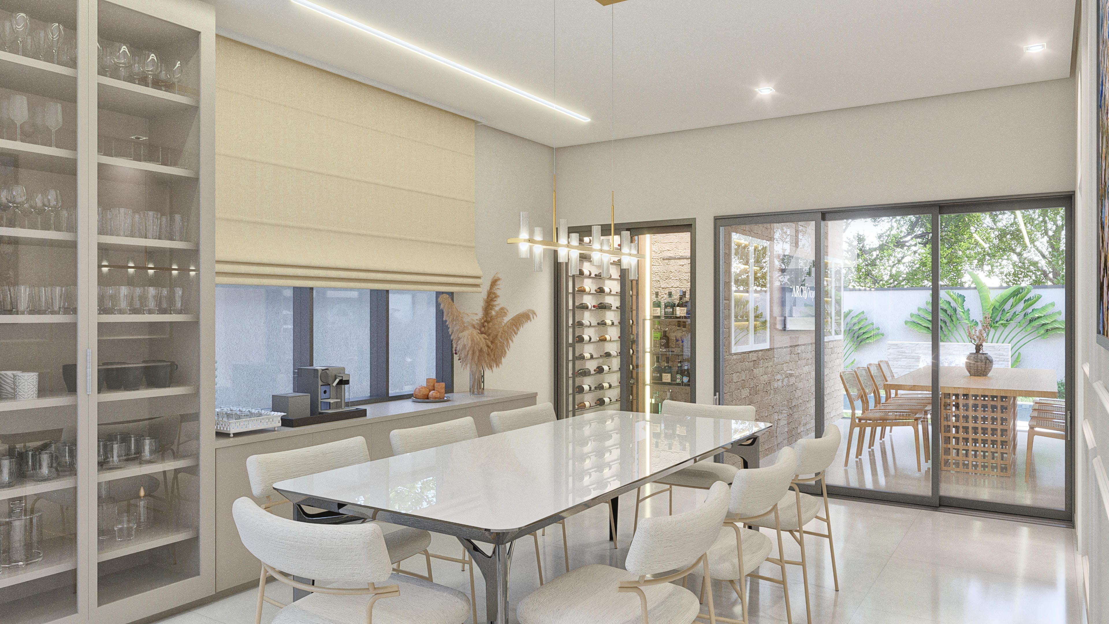 Dining area with a large table, comfortable chairs, and an integrated climate-controlled wine cellar. A wide sliding glass door connects to the garden with a gourmet area.