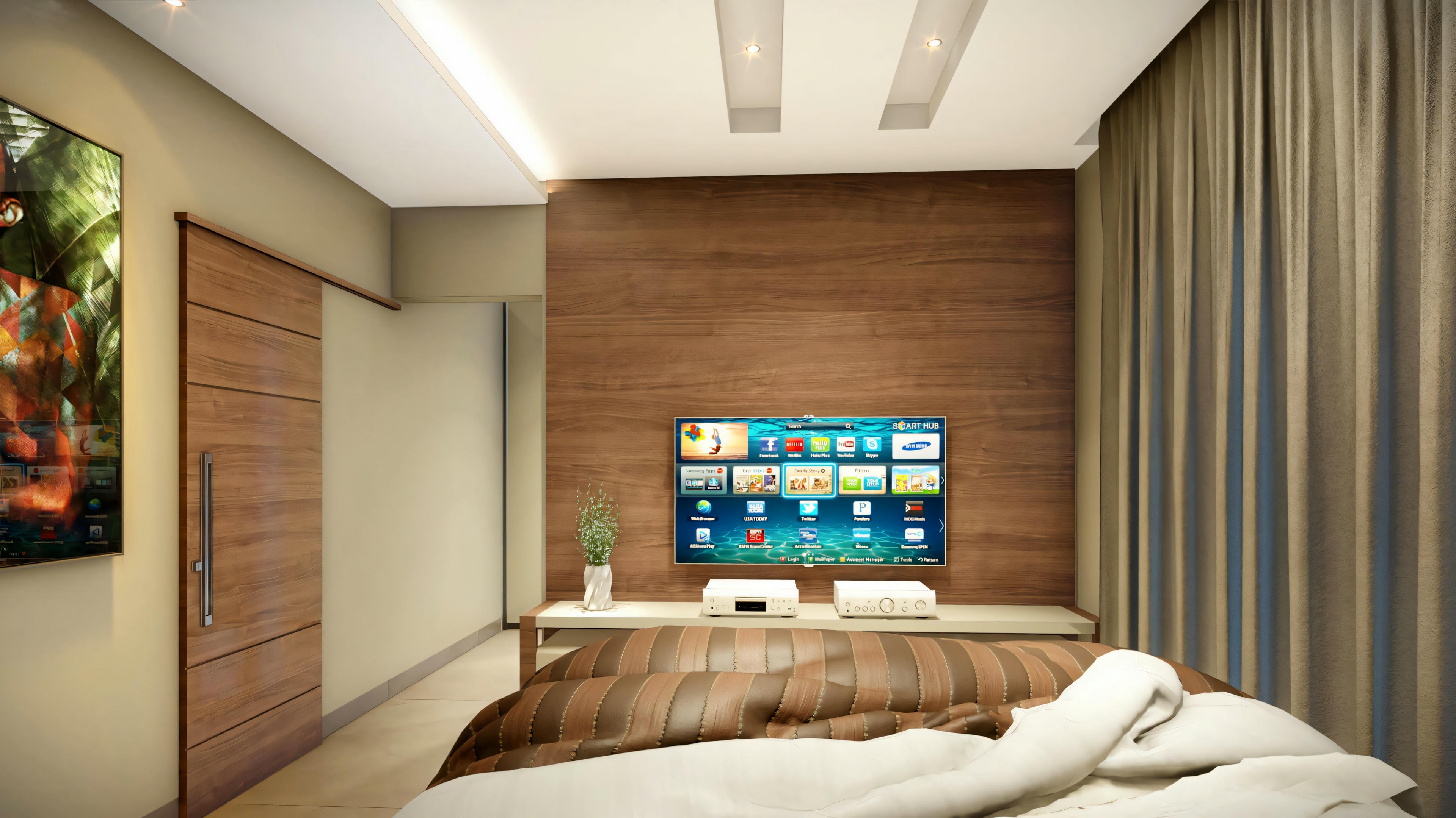 Dormitorio con área de escritorio.