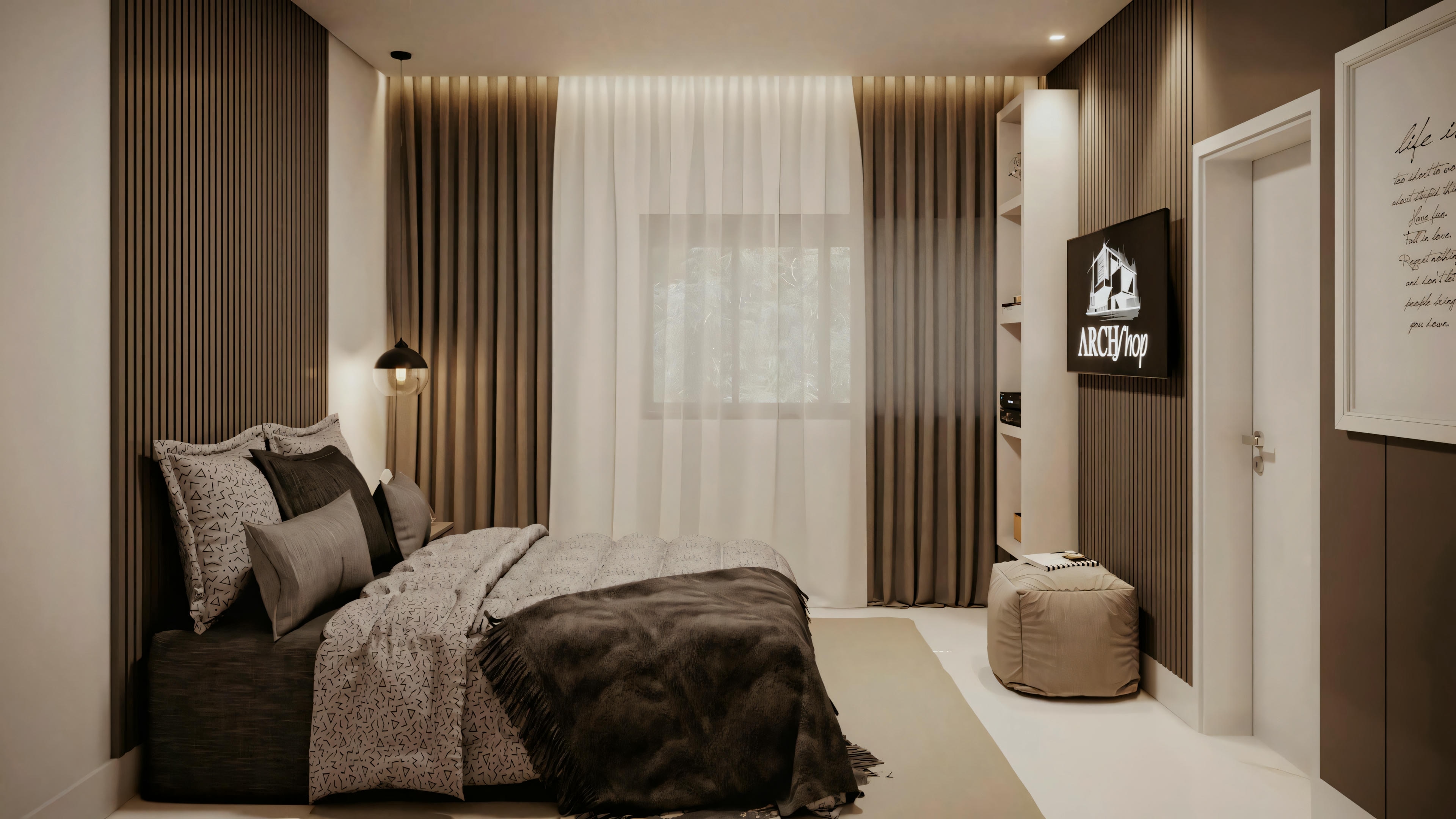 Un dormitorio con cama, mesitas de noche, lámparas y una silla de acento.