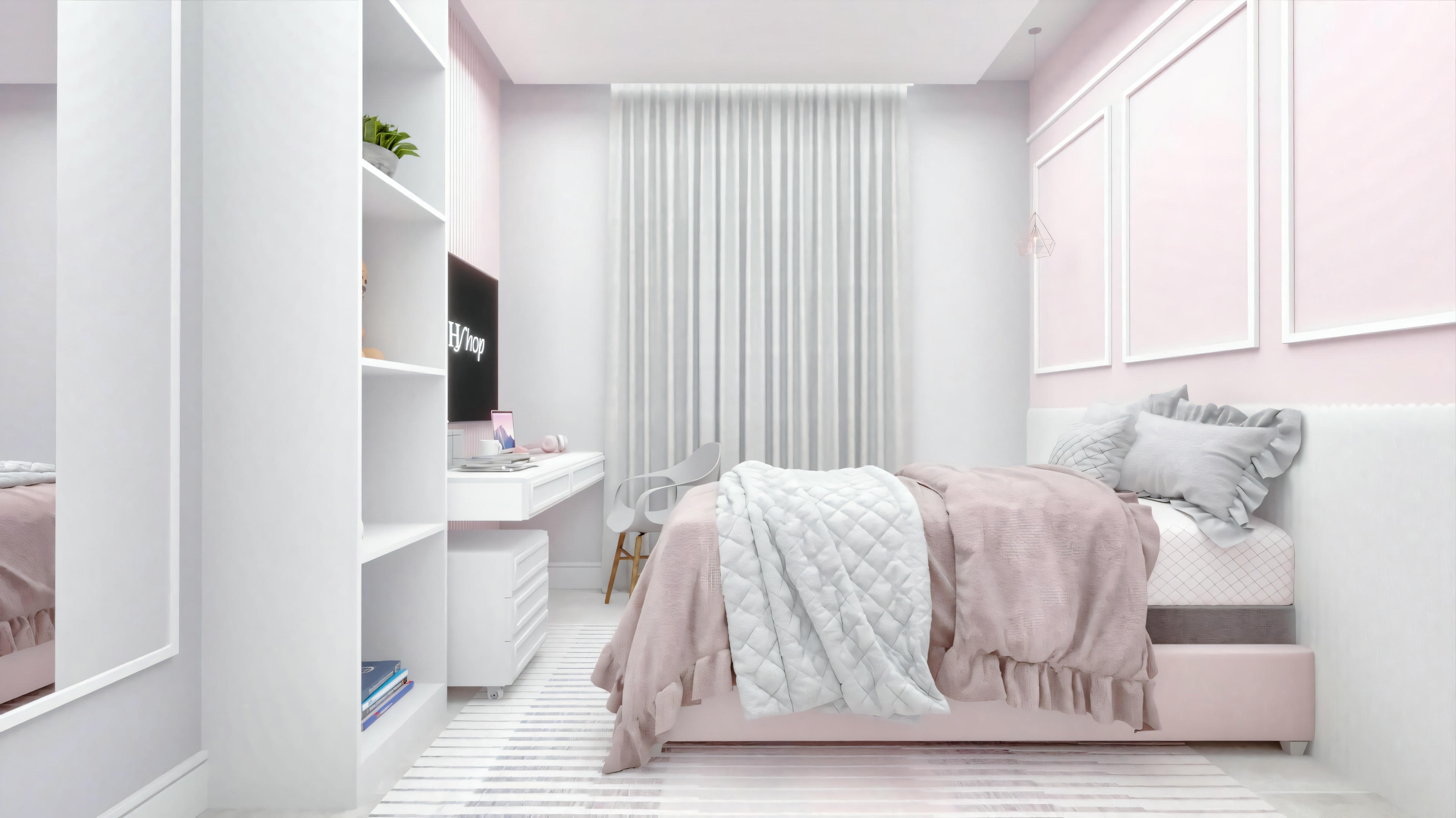 Un dormitorio con esquema de colores rosa y blanco, que incluye una cama, cortinas y una pequeña área de estar.