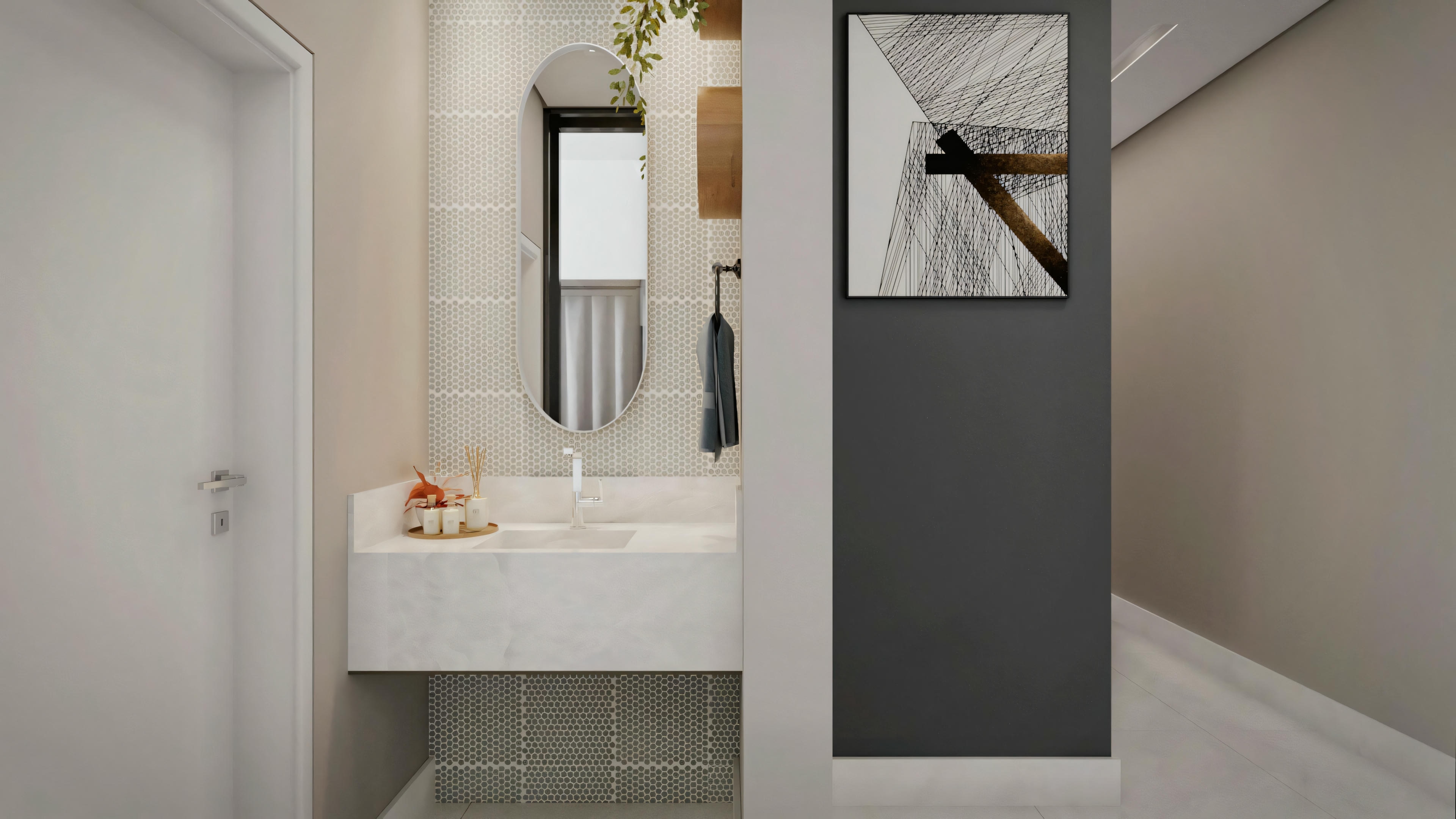 Diseño de dormitorio en proyecto de casa moderna, presentando cama de soltero, panel de cabecero y mesa de noche en madera, y armario con puertas correderas de espejo reflejando el ambiente.