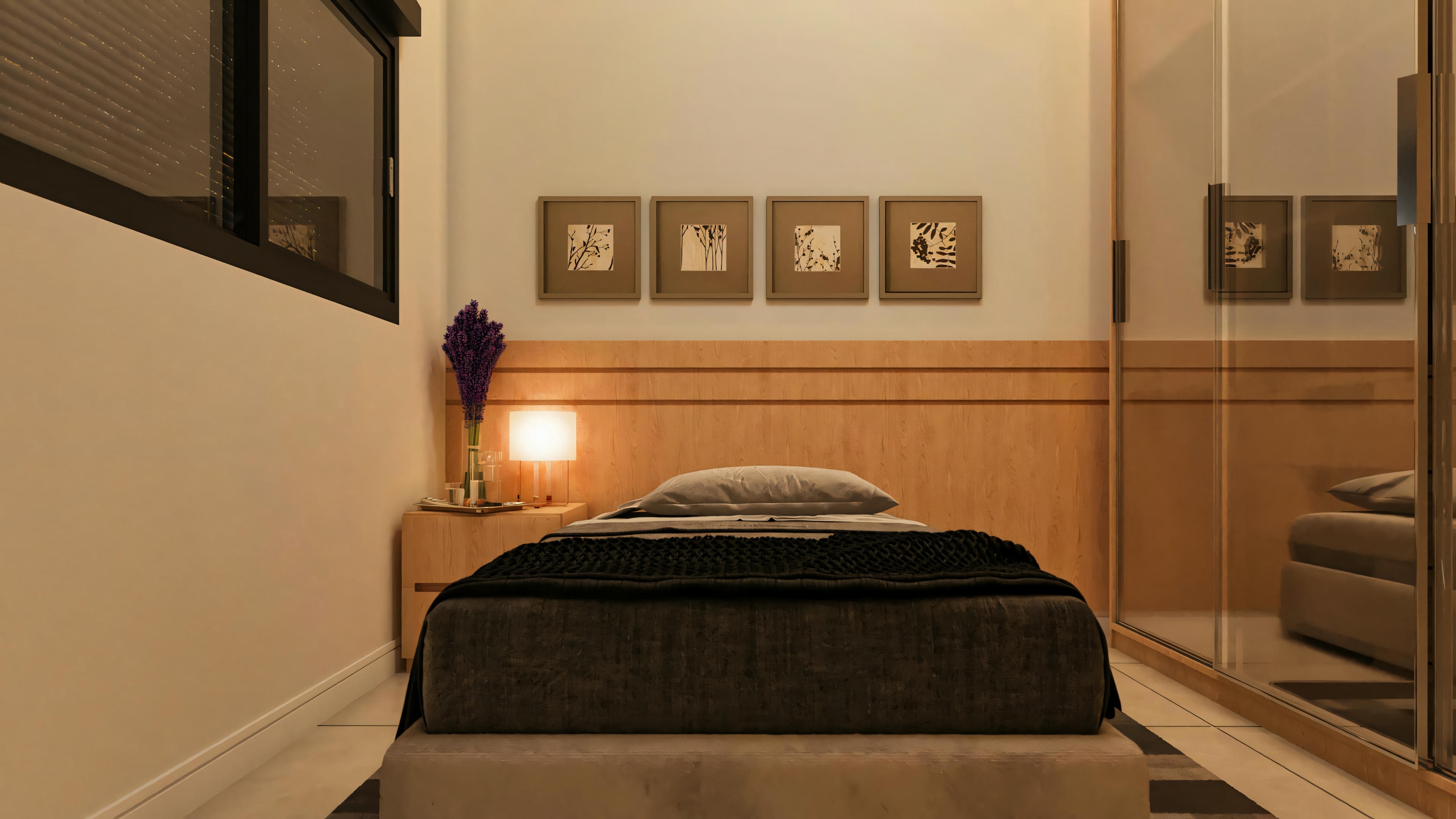 Diseño de dormitorio en proyecto de casa moderna, presentando cama individual, panel de cabecera y escritorio en madera, y armario con puertas corredizas espejadas reflejando el ambiente.