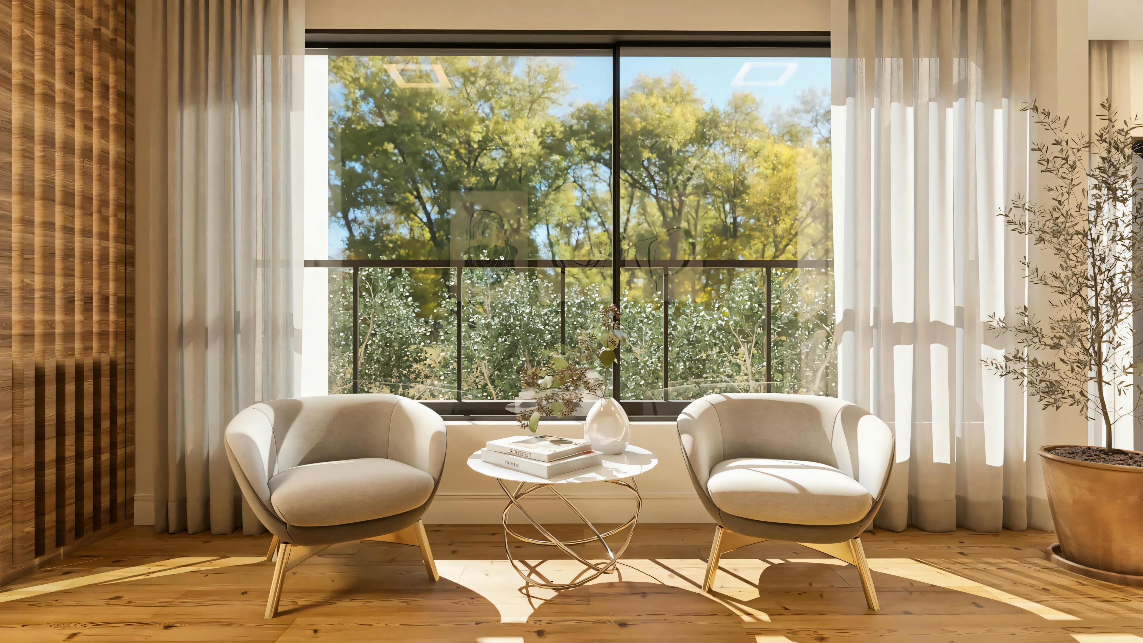 Espacio de estar íntimo en el proyecto arquitectónico de la casa de dos pisos, con piso de madera, panel de madera listonada en la pared, dos sillones de diseño moderno, mesa lateral, y amplia ventana con cortinas translúcidas proporcionando vista a la vegetación externa.