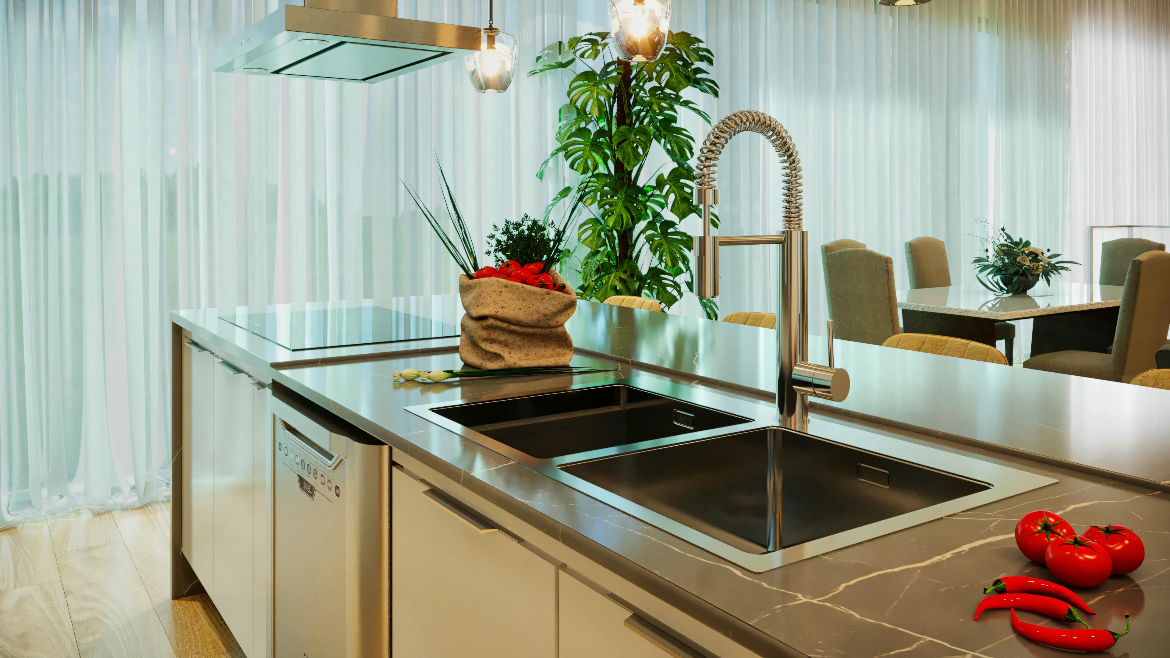 Detail of gourmet kitchen island with double stainless steel sink, modern faucet, induction cooktop and dark stone countertop, in a house with 3 suites and gourmet area.
