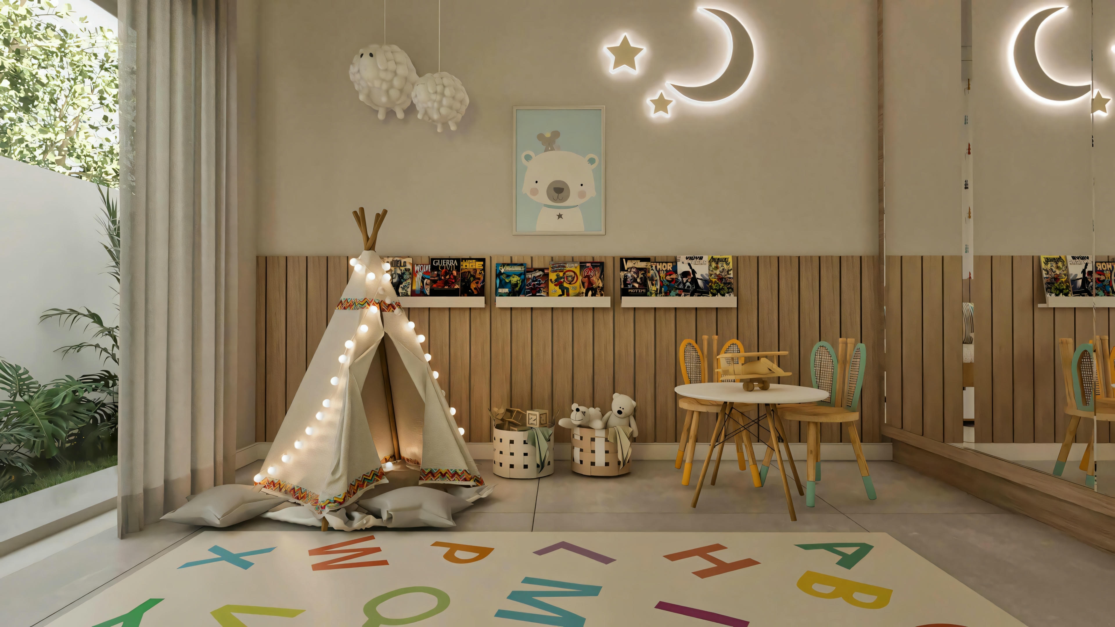 Decoración de habitación infantil o área de juegos en proyecto de casa moderna de una planta con 3 habitaciones (planta de 203.67m²). Foto muestra teepee, panel de madera, muebles infantiles e iluminación decorativa.