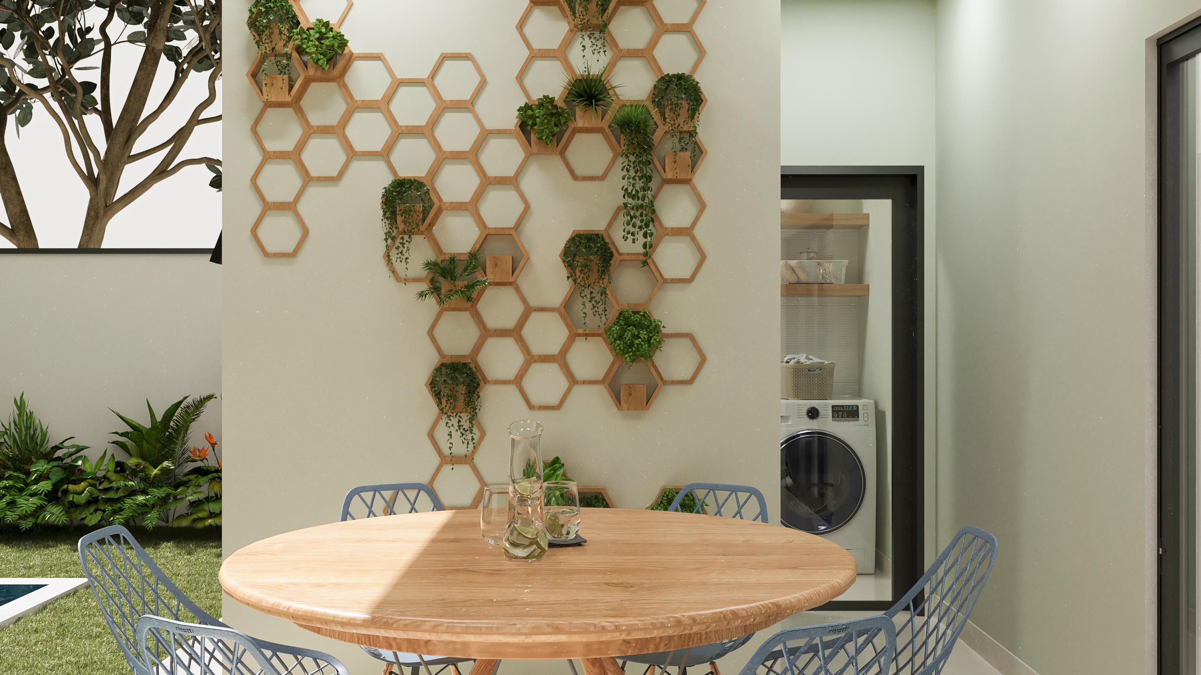 Wall cladding with hexagonal wooden niches for plants, complemented by a round wooden dining table and modern chairs.