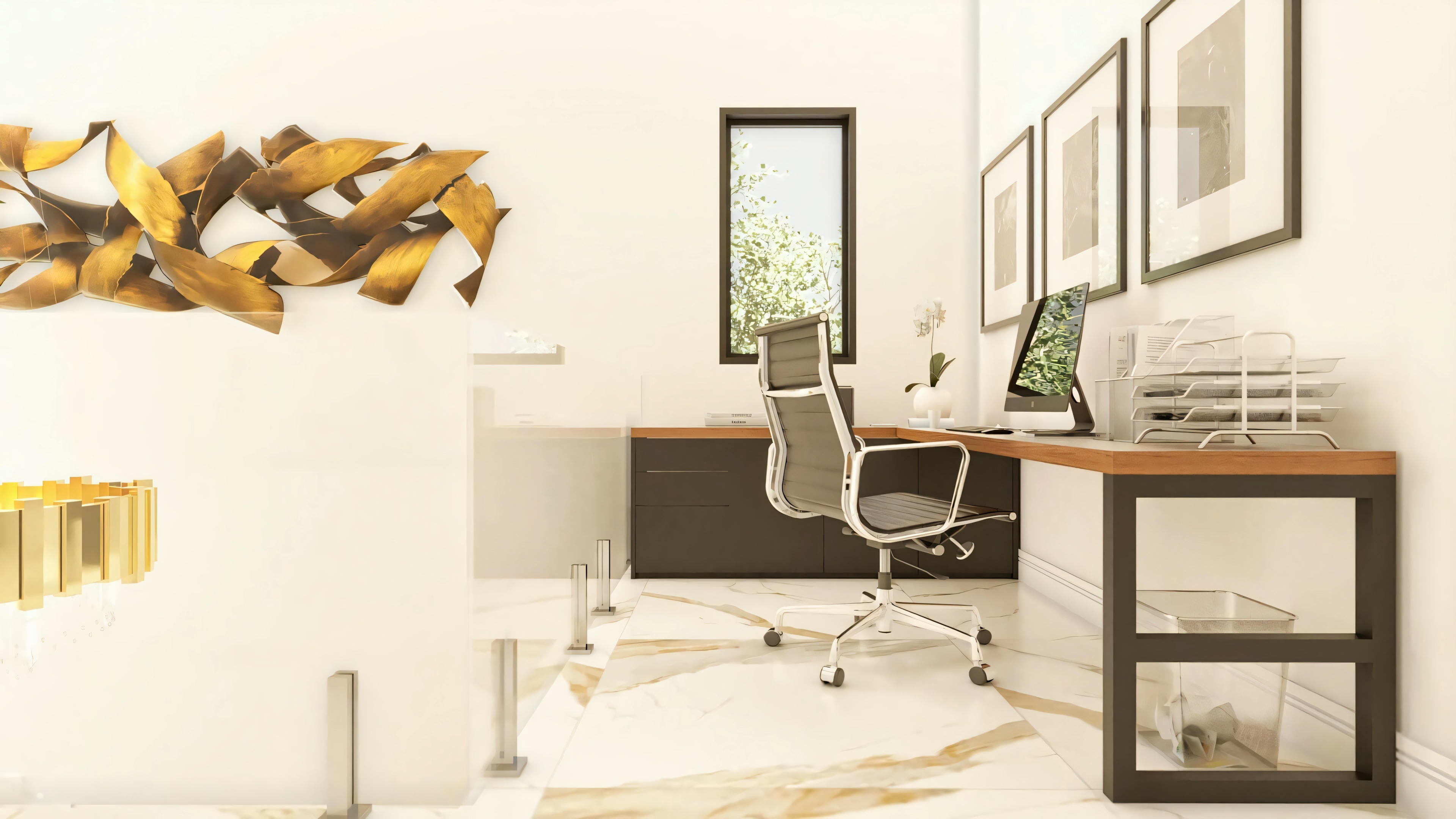 Espacio de home office moderno en el altillo de proyecto residencial de lujo, con escritorio, silla ergonómica, vista parcial y decoración contemporánea.