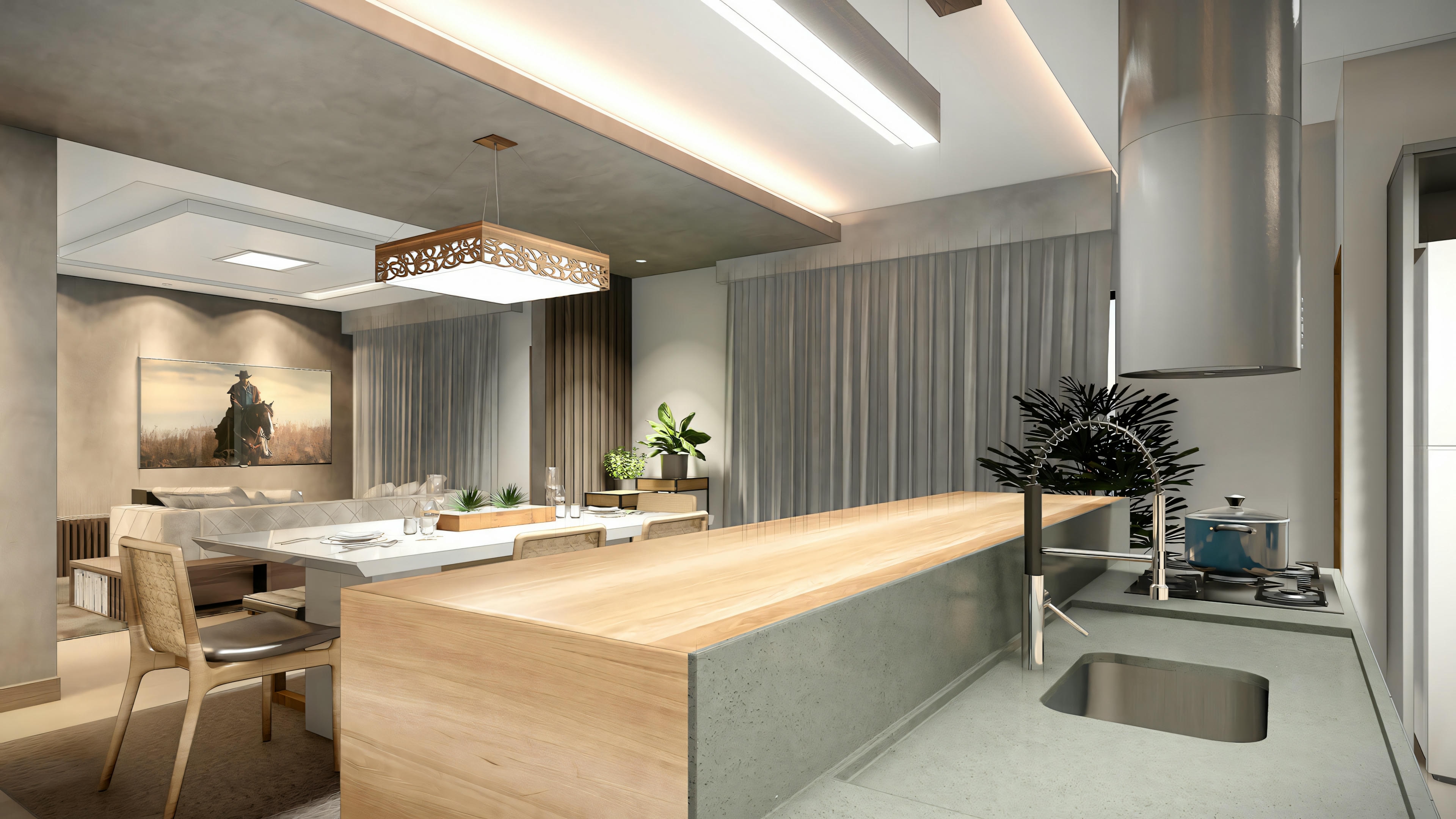 Kitchen with a central island, stools, and built-in cabinets, decorated with neutral colors and wood details.