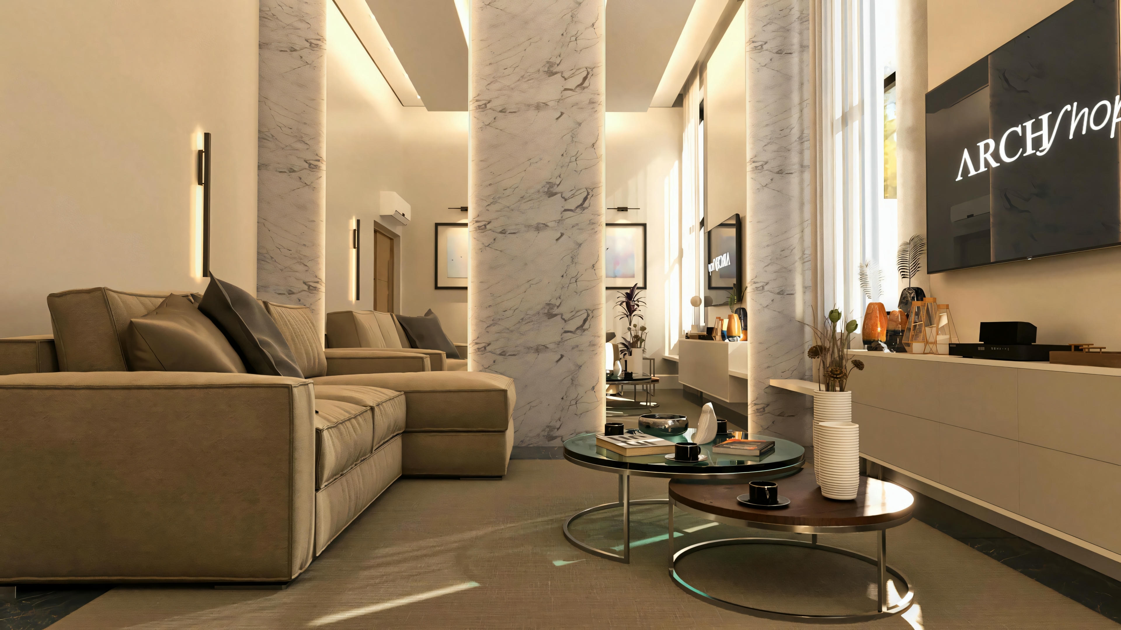 Vista de la sala de estar en proyecto de casa de planta baja con 3 suites, con destaque para los pilares revestidos en material marmolizado e iluminación empotrada. Detalle del sofá y mueble de la TV. Esta planta de casa de planta baja con 3 suites tiene área de 276.43m².