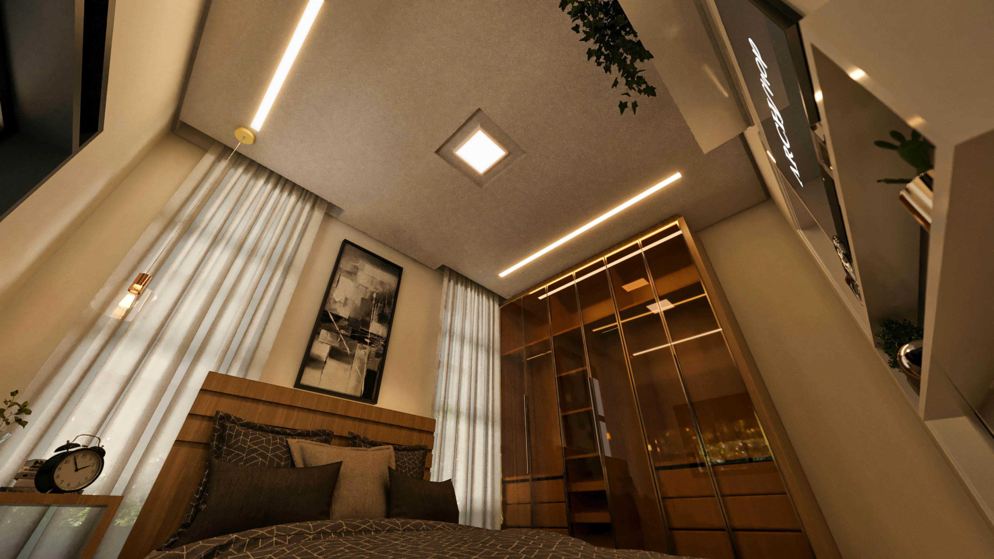 Perspective of the master suite bedroom in a modern house project, highlighting linear ceiling lighting, glass-door closet, and wooden headboard.