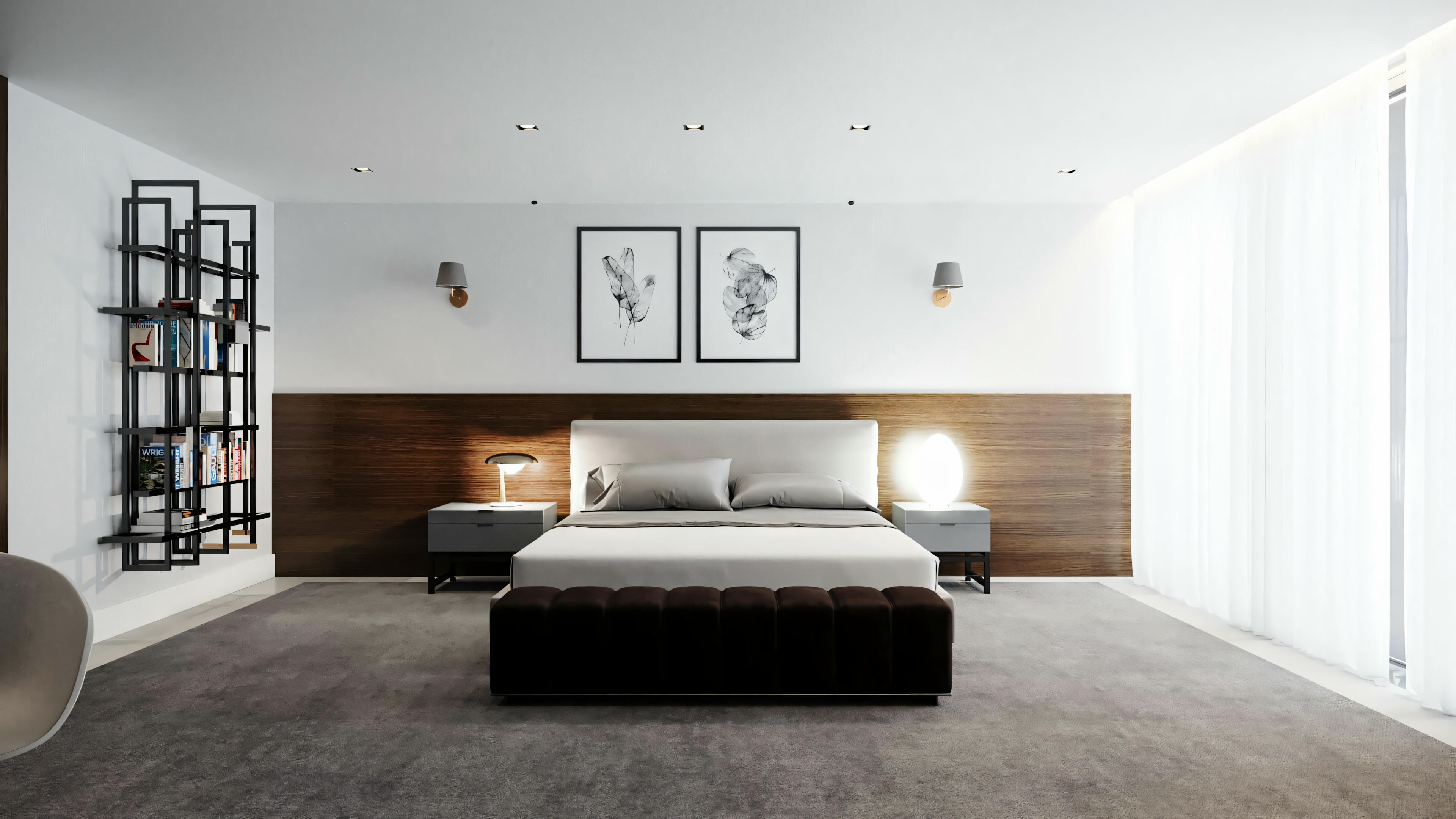 A bedroom with minimalist decoration, featuring a large bed, two bedside lamps, an artwork on the wall above the bed, and a bookshelf to the right.