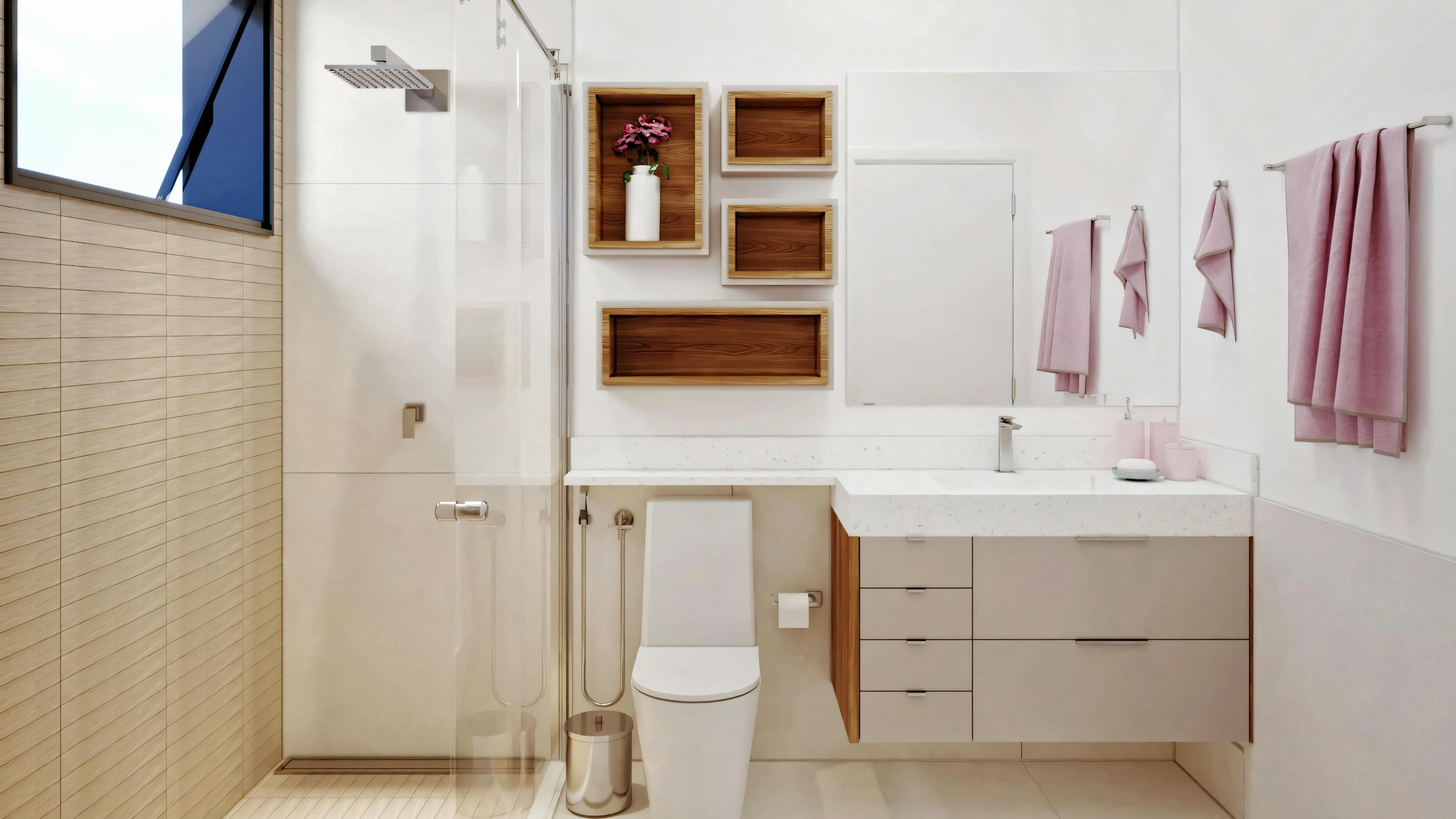 Bathroom with a white and pink color scheme, pink towels, toilet, bidet, and a partially visible shower area.