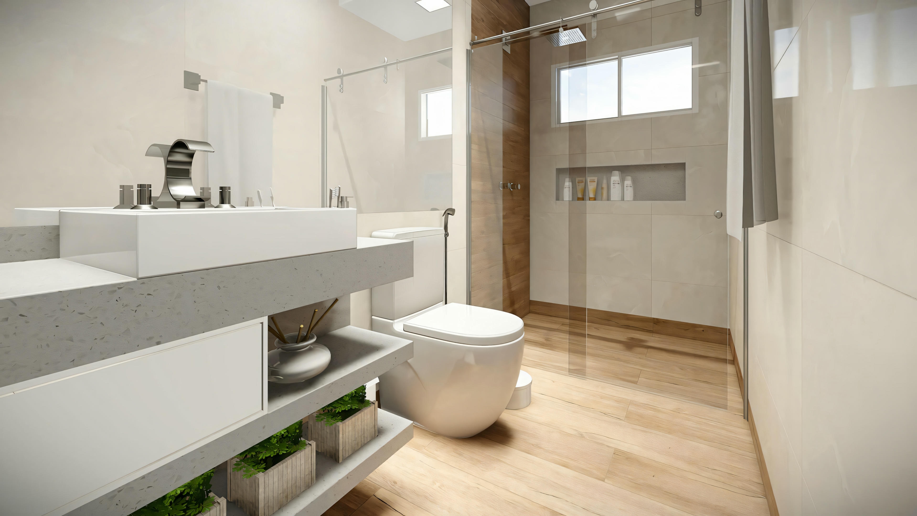 Modern bathroom with freestanding bathtub, toilet, and sink with large mirror.