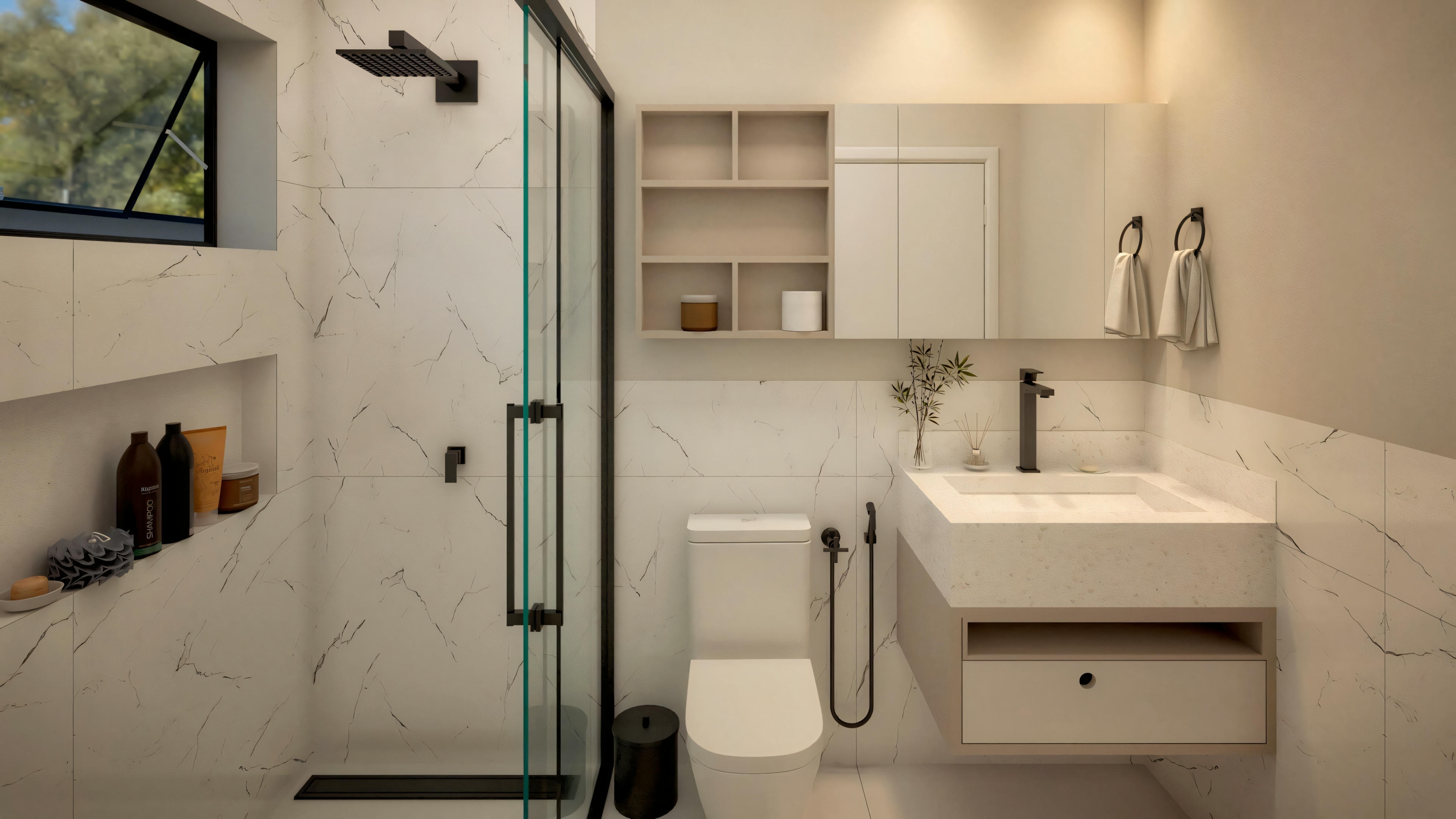 A modern bathroom with a white sink, open shelves below it, and a glass shower partition.