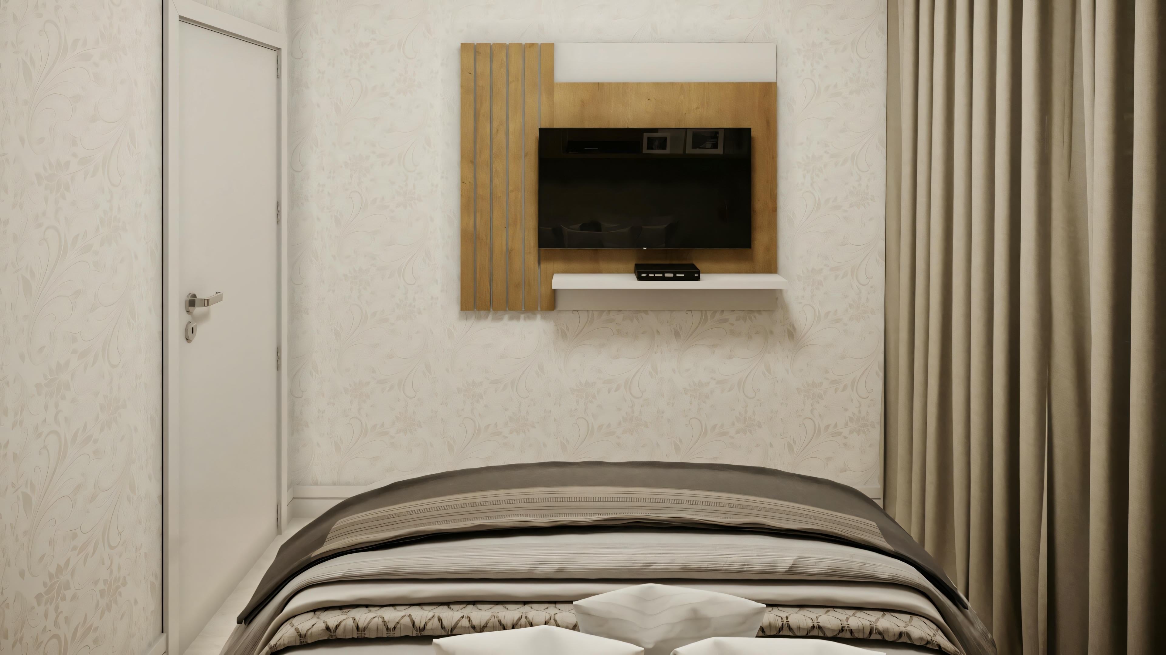 A bedroom with a large bed in the foreground and a wall-mounted television opposite the bed.