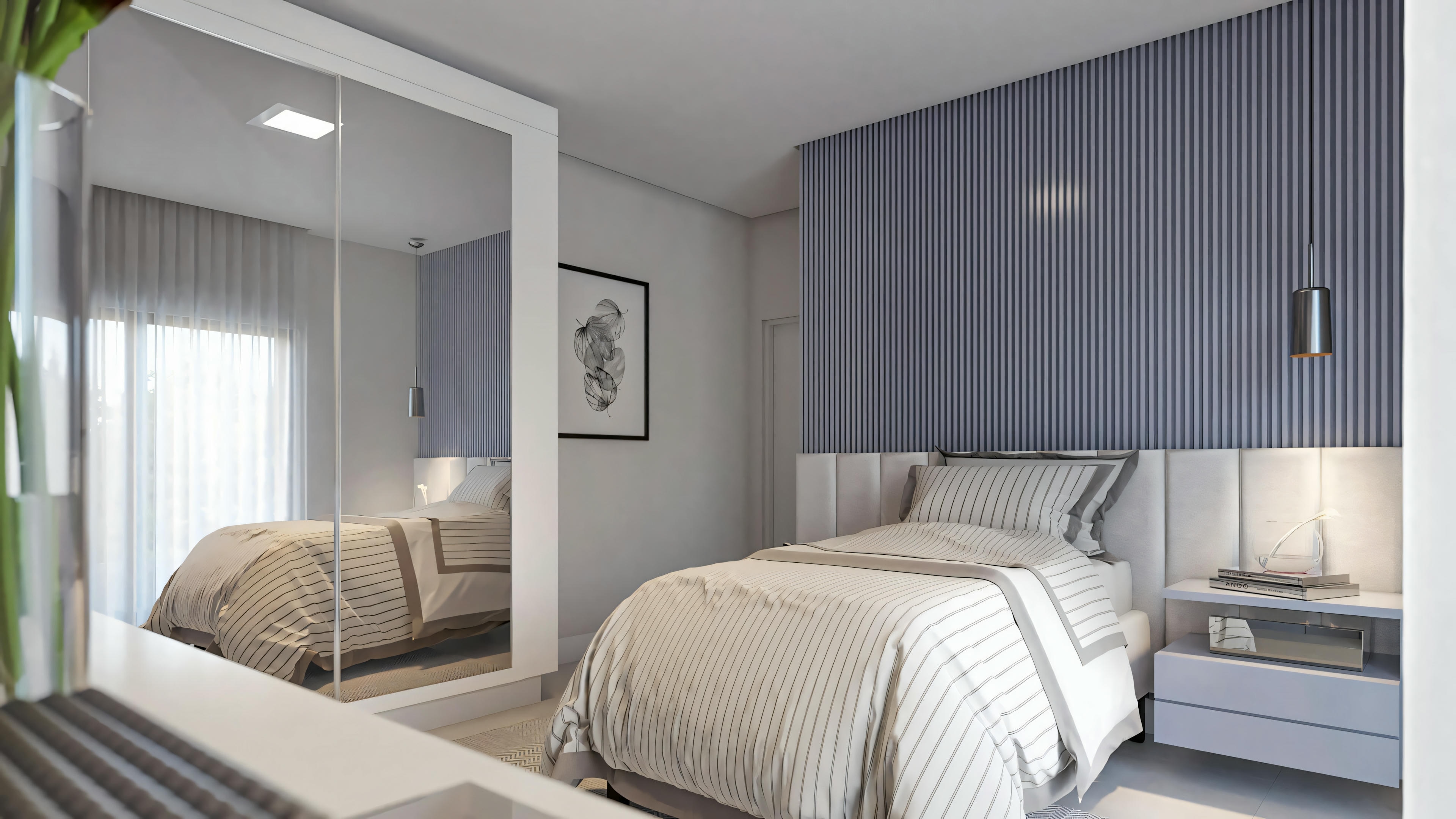 Bedroom with a bed covered in striped bedding, nightstands, and cozy lighting.