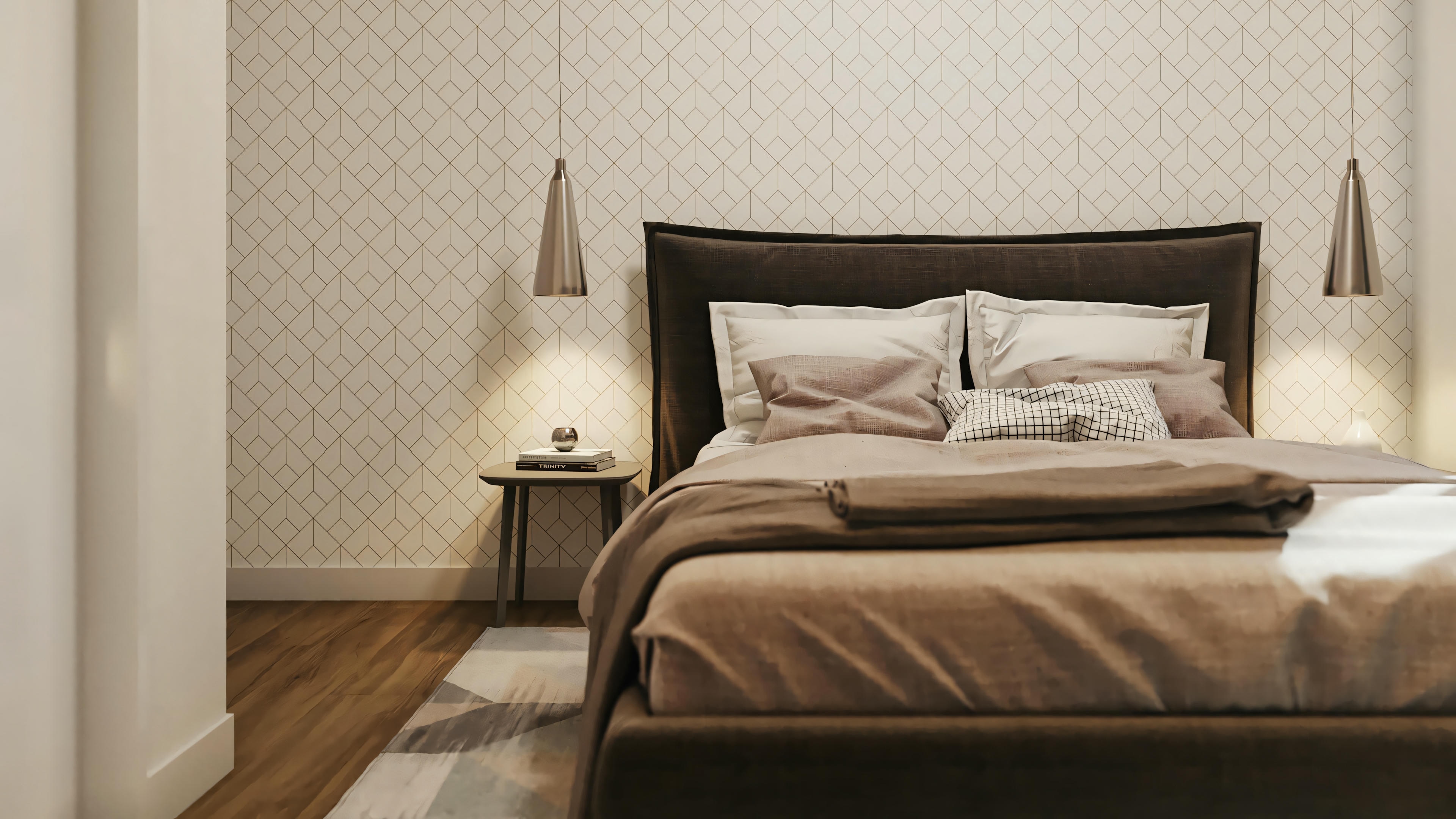 Bedroom with double bed, beige bedding, nightstands with lamps, and patterned wallpaper.