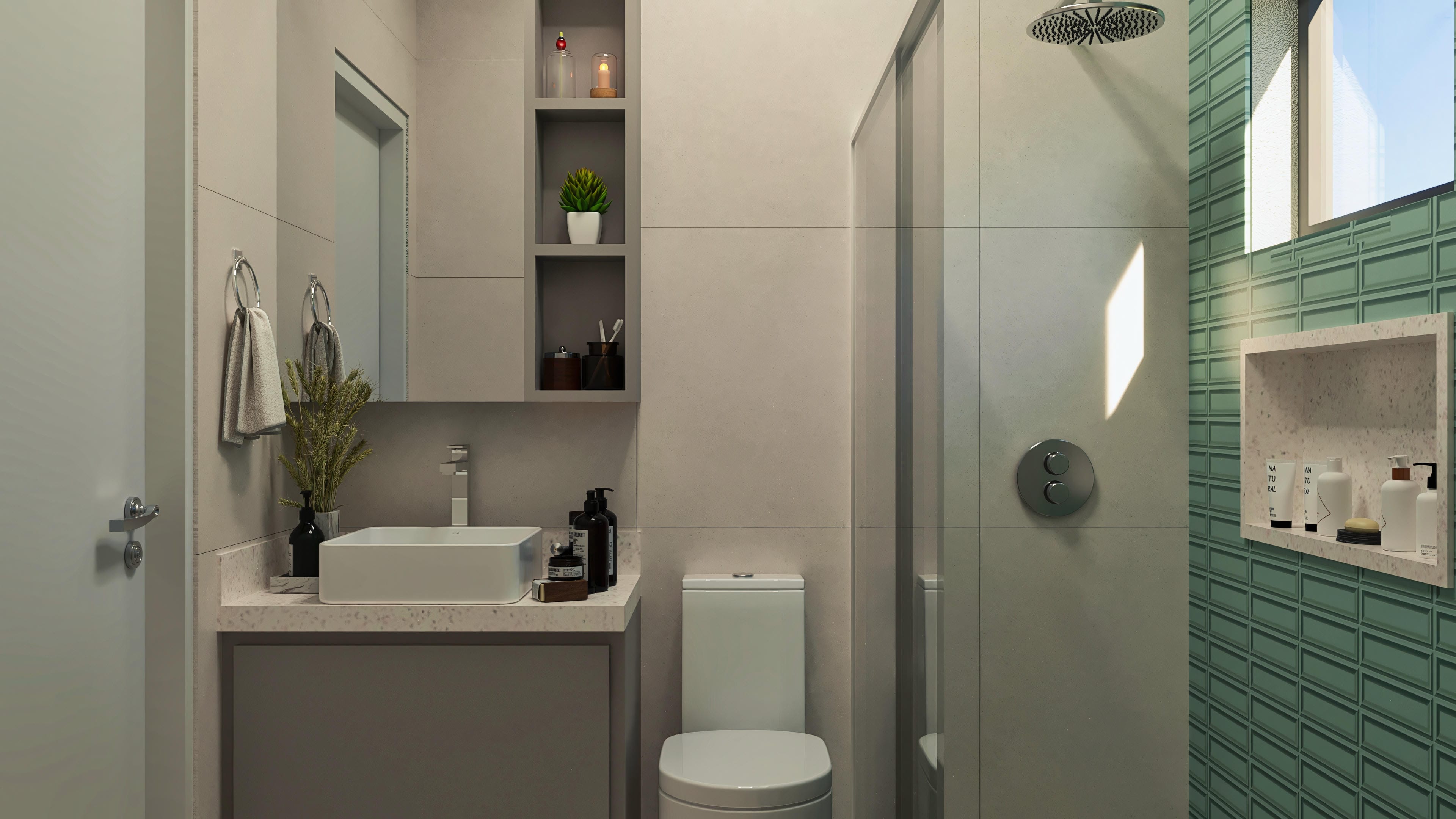 Bathroom with neutral-toned cladding and green details, sink with a terrazzo counter, niches, and shower enclosure with a modern shower.