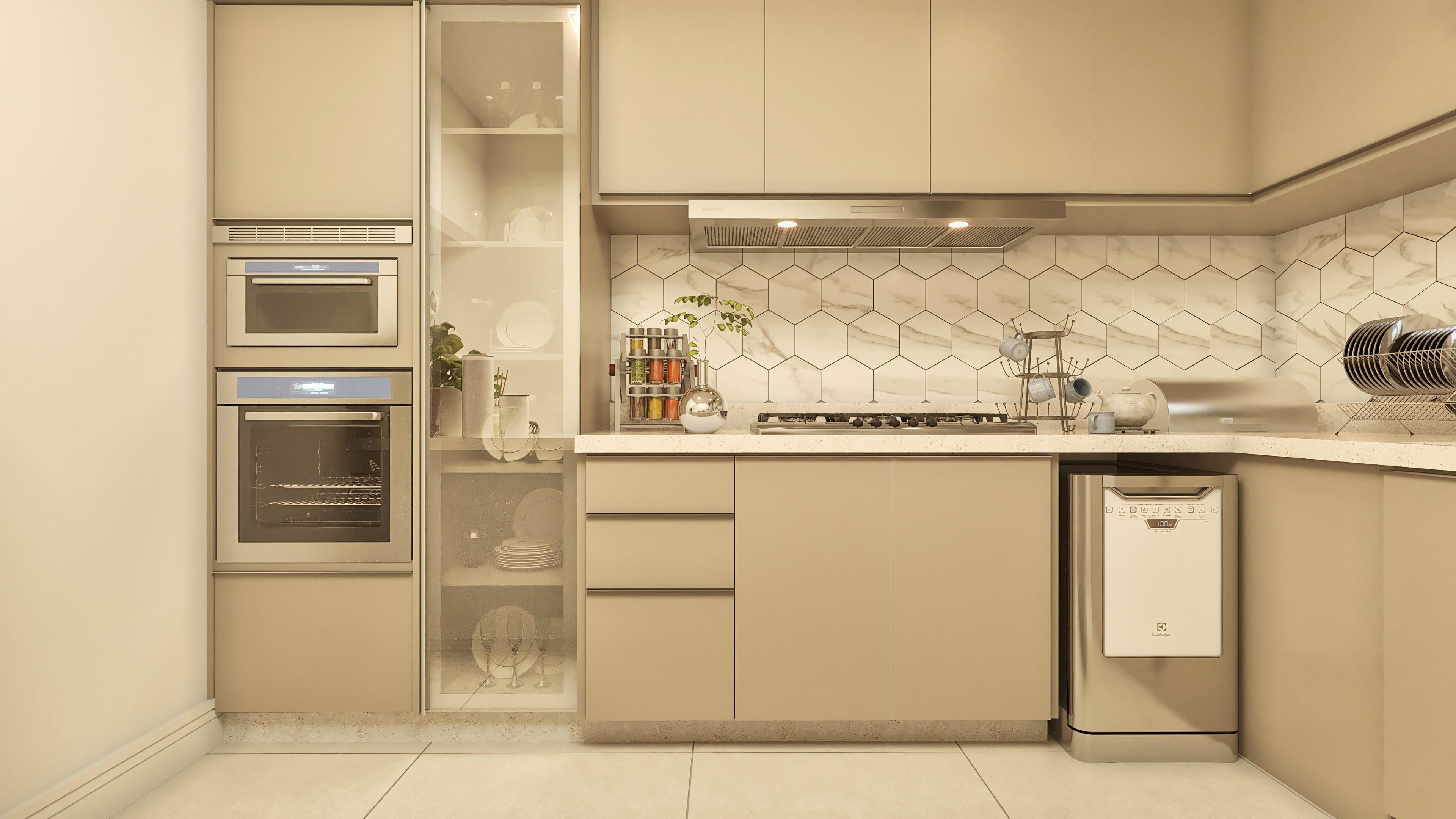 Detail of a modern kitchen with custom cabinets in beige color, stainless steel appliances, granite counter, and hexagonal geometric cladding on the wall.