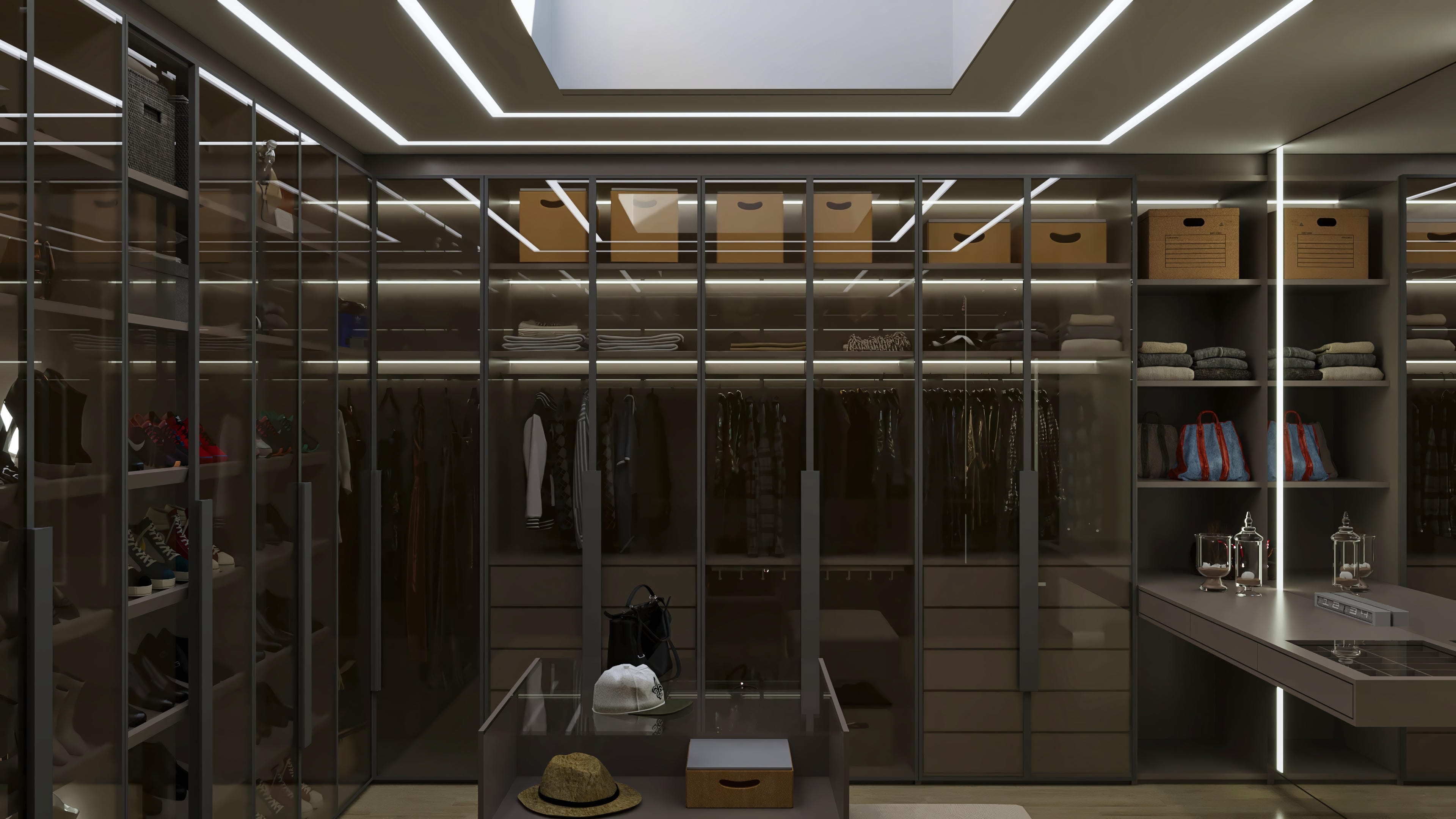 Interior of a modern and luxurious closet with built-in cabinets, LED-lit shelves, organized shoes, and hanging clothing items.