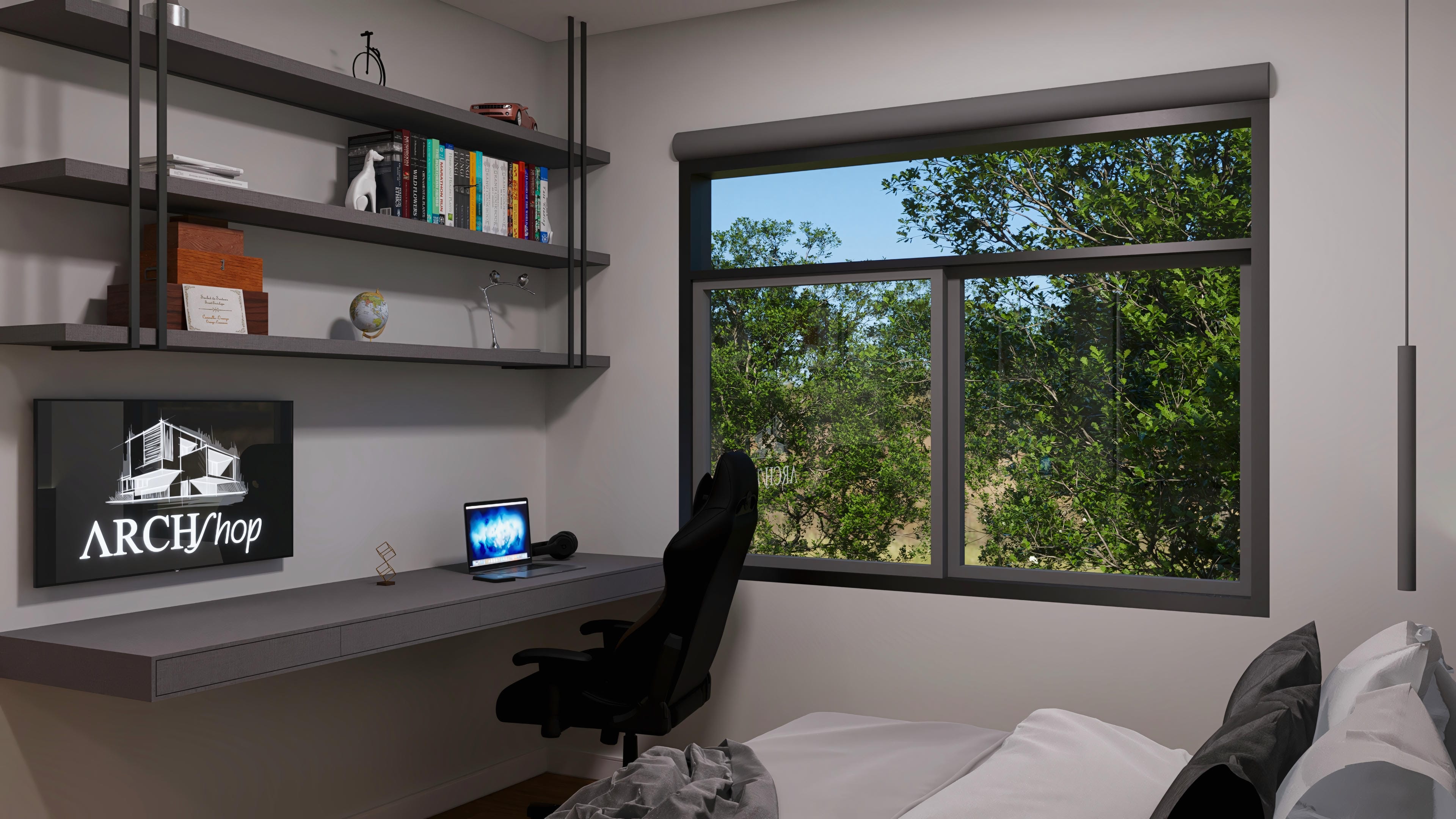 Interior of a modern office with a large window framing a view of leafy trees, complemented by minimalist furniture and organized shelves.