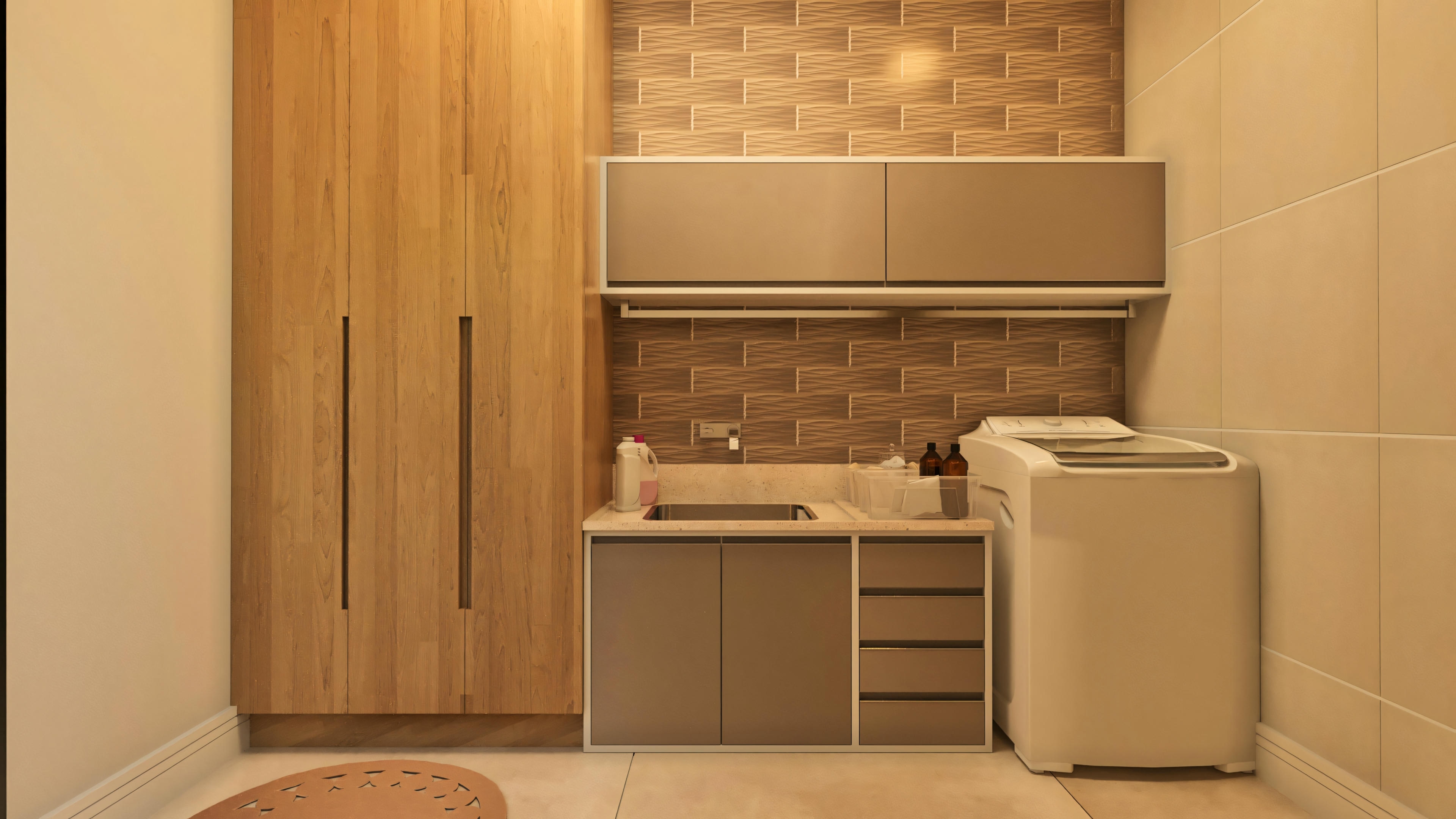 Planned laundry room of a 210sqm modern two-story house, equipped with a washing machine, built-in sink, lower and upper cabinets, and a tall vertical cabinet with a wood finish.