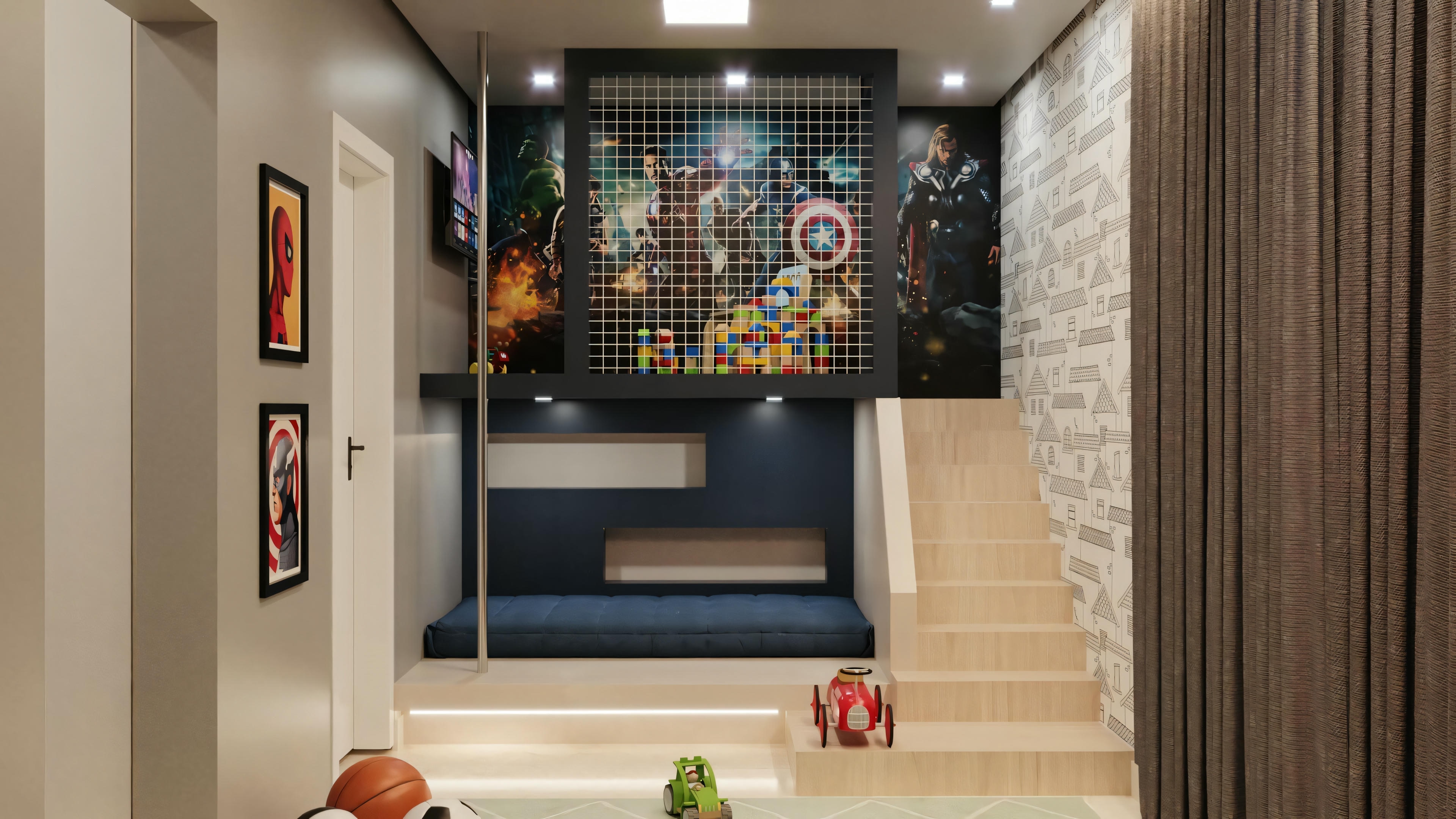 Otra oficina con un escritorio, dos monitores, silla de oficina, plantas decorativas, cuadros en la pared y estanterías con libros y otros objetos.