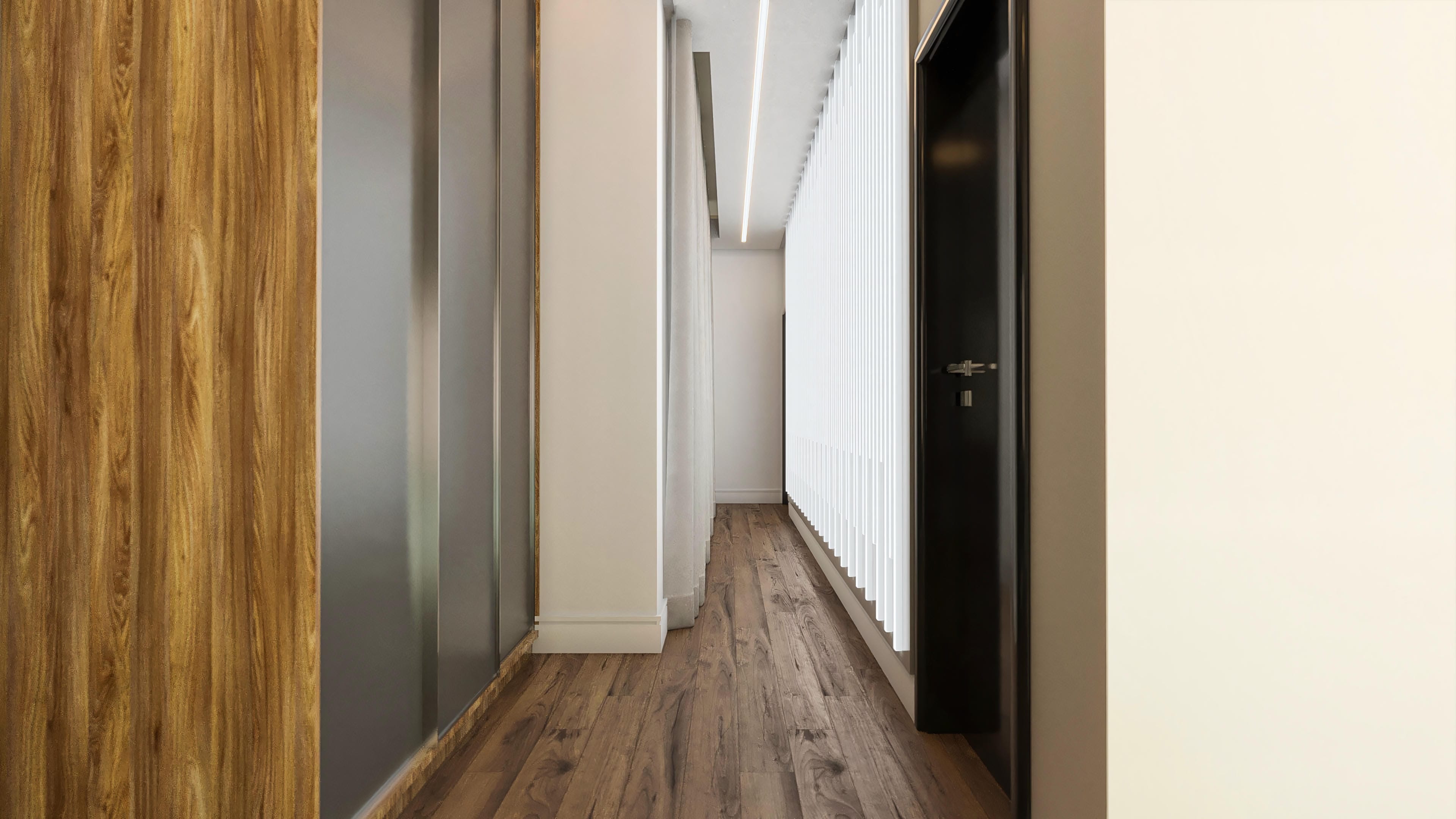 Pasillo con piso de madera, pared con revestimiento texturizado en tonos grises y blancos, puerta negra e iluminación lineal en el techo.