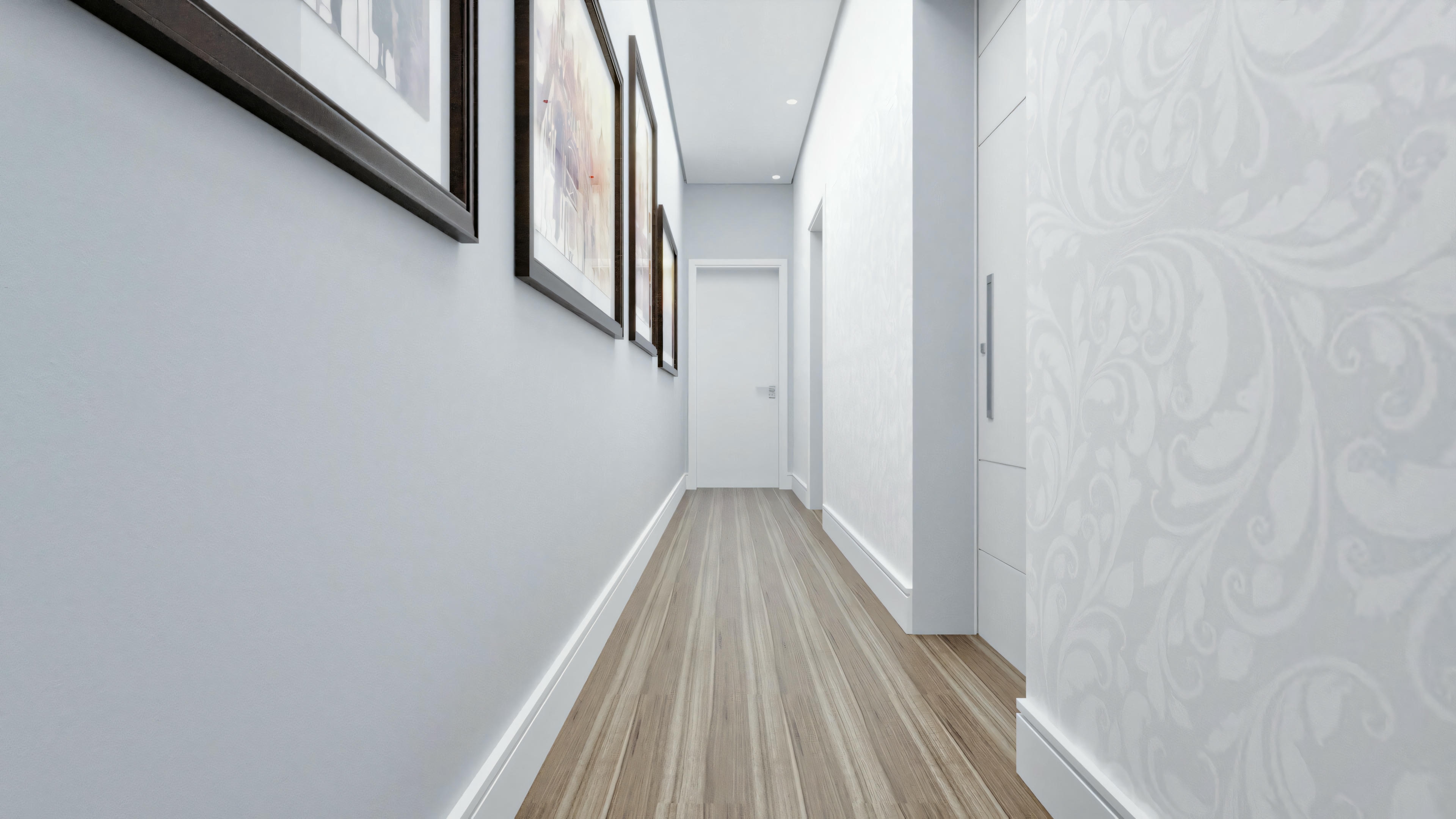Pasillo con piso de madera, paredes blancas y varias puertas cerradas a un lado. La perspectiva de la foto dirige la mirada del espectador por el pasillo.