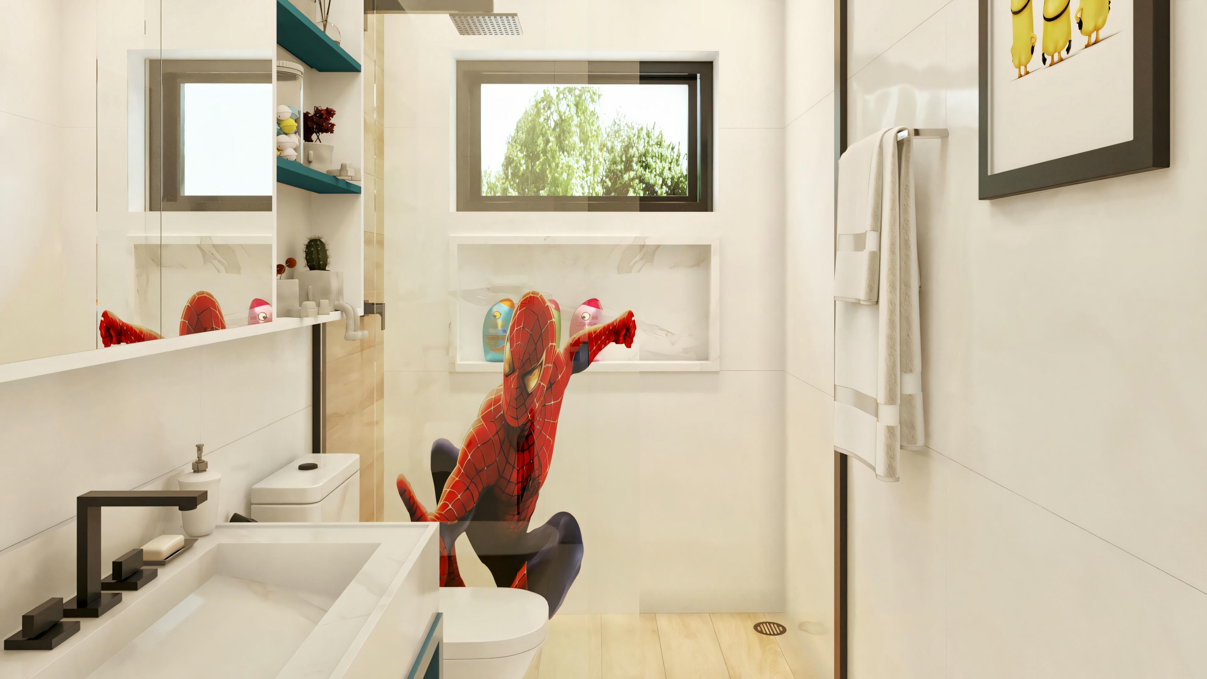 Baño infantil de una de las 5 suites del proyecto listo, mostrando box de vidrio con adhesivo temático, nicho en la ducha, ventana y toallero térmico.