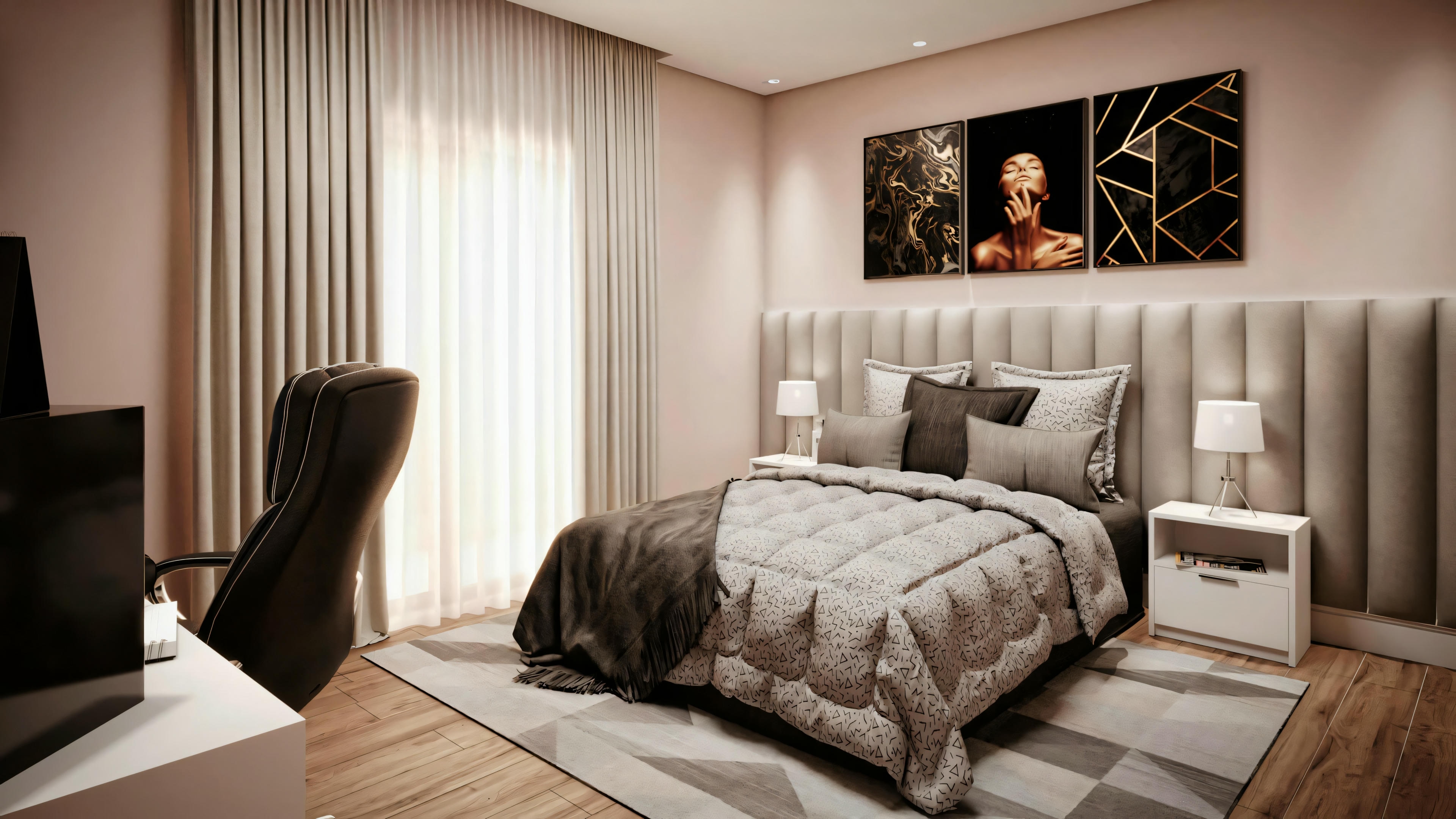 Um quarto com uma cama grande, mesas de cabeceira, uma escrivaninha com cadeira e uma obra de arte acima da cabeceira.