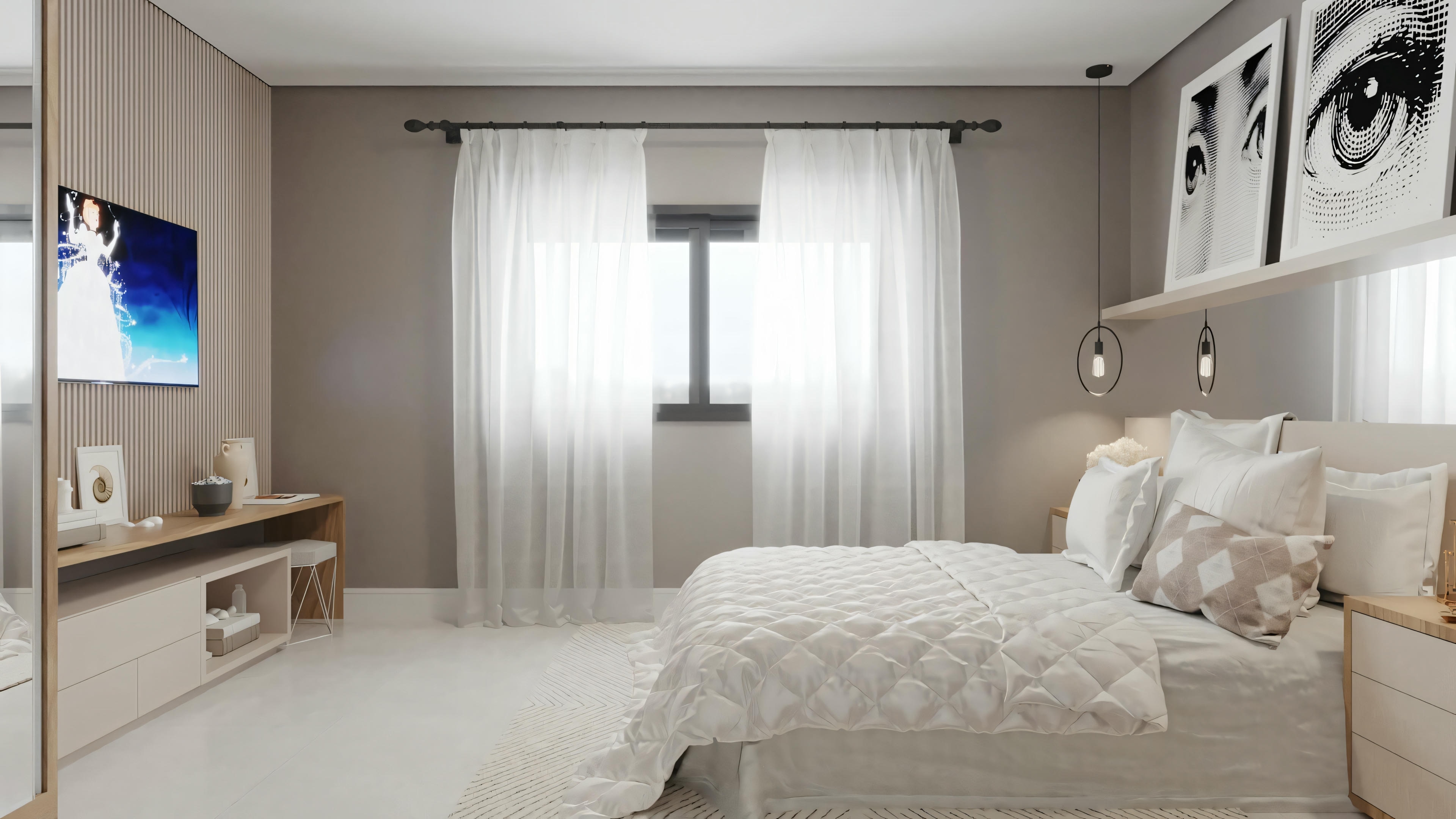 Um quarto com cama e mesas de cabeceira.