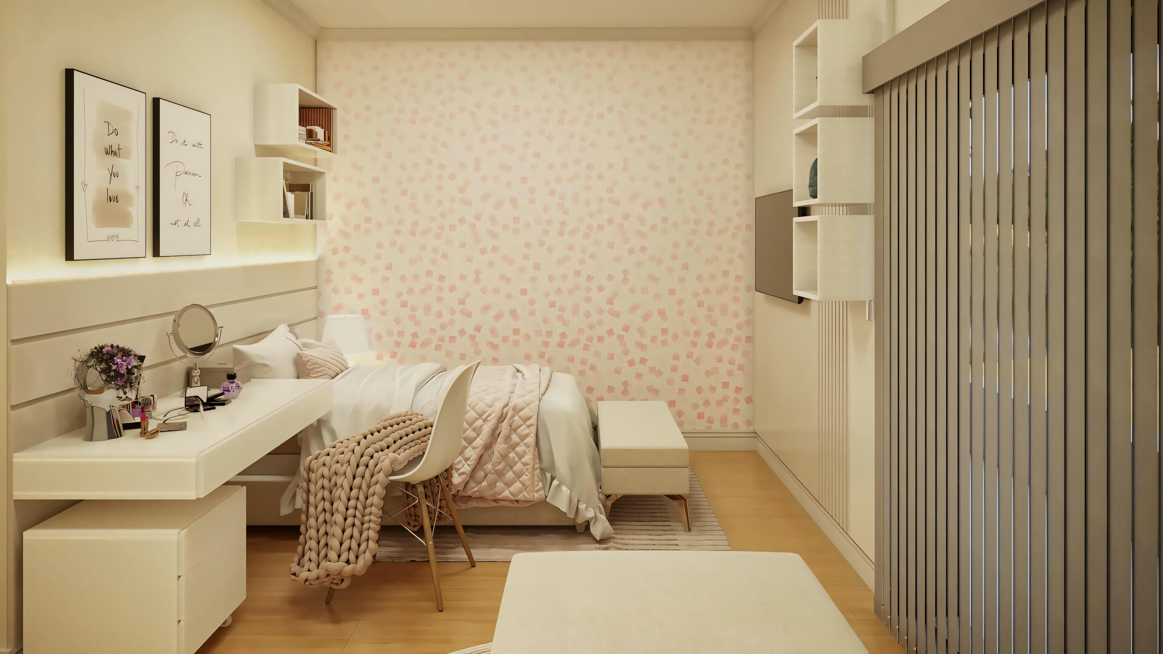 Quarto de suíte decorado na planta pronta de casa com 3 suítes e área gourmet. Mobiliário planejado com bancada de estudos/penteadeira. Projeto casa pronta de 368.67m².