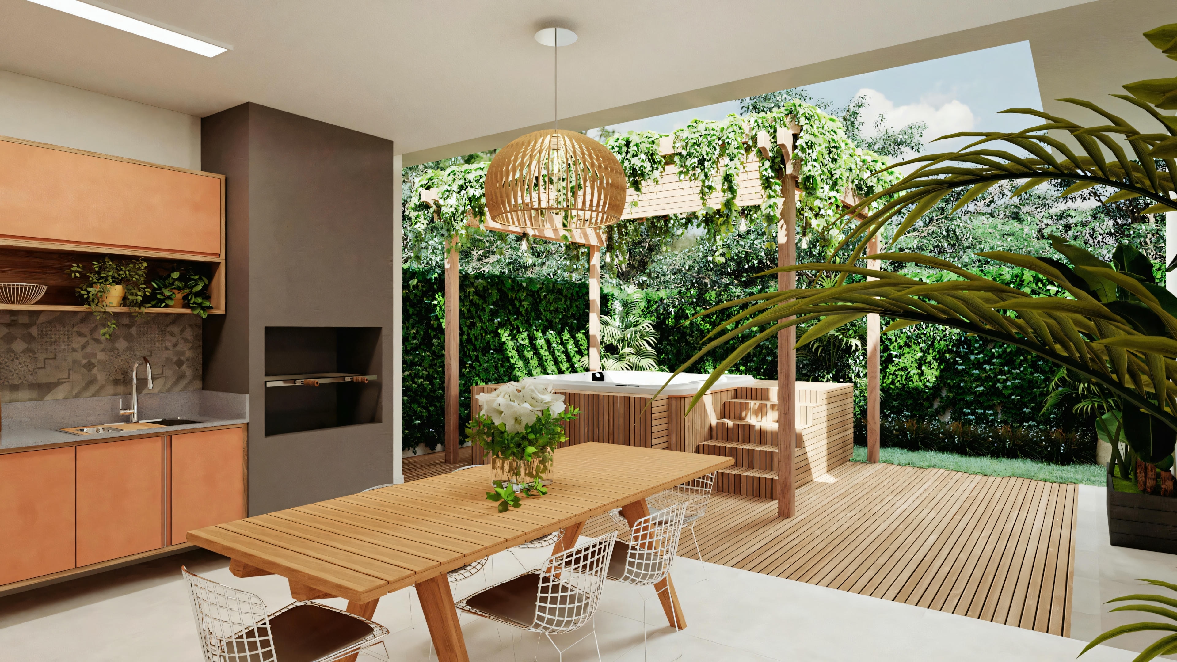 Espacio de estar acogedor que se abre a un área exterior con mucha vegetación visible a través de grandes ventanas o puertas de vidrio.