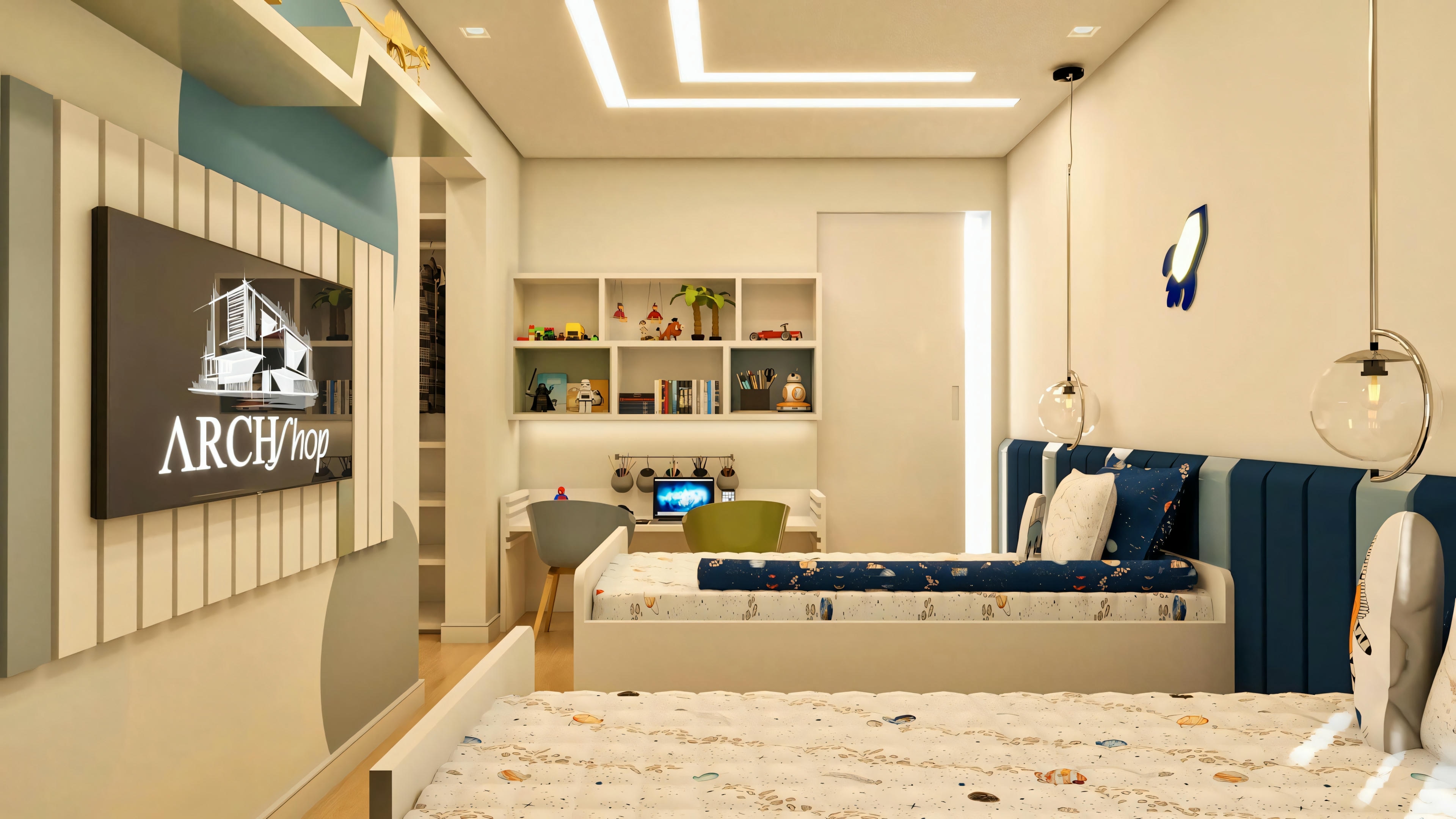 Vista da suíte infantil em projeto de casa de luxo, mostrando duas camas, área de estudo com bancada e TV em painel ripado.