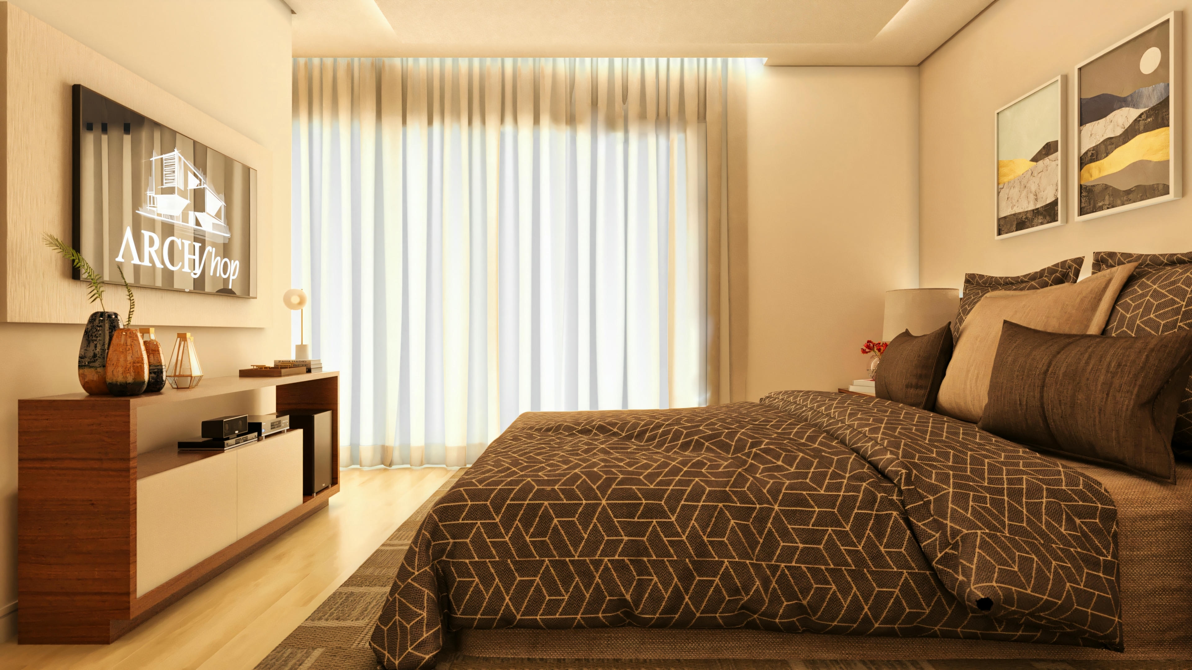 Suíte de casa de alto padrão com 5 quartos, exibindo painel de TV, console, cama e ampla janela com cortinas translúcidas.