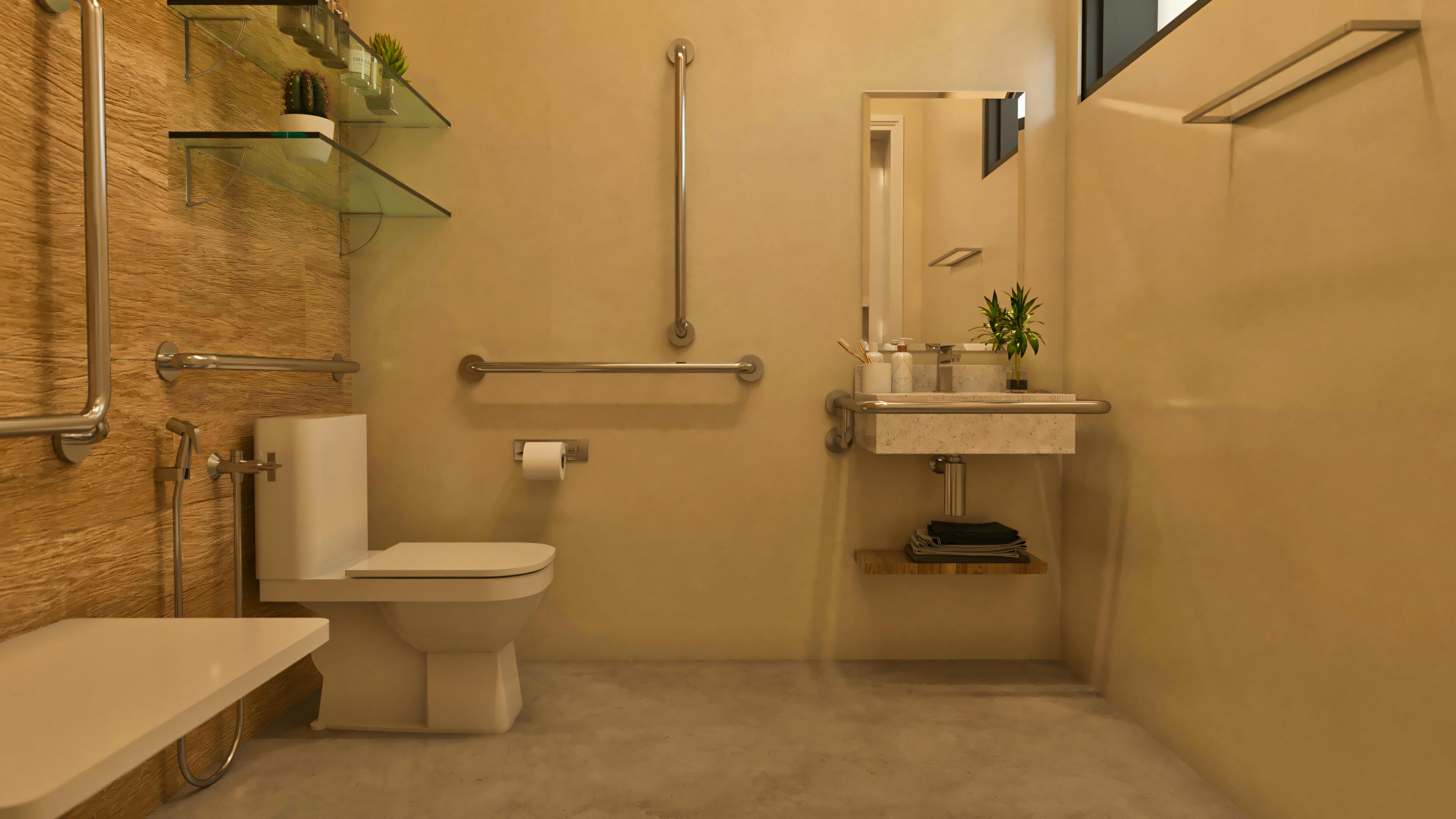 Suite bathroom with accessible design, including grab bars, shower seat, wall-hung toilet with side bars, and suspended sink, in a 4-suite house project.