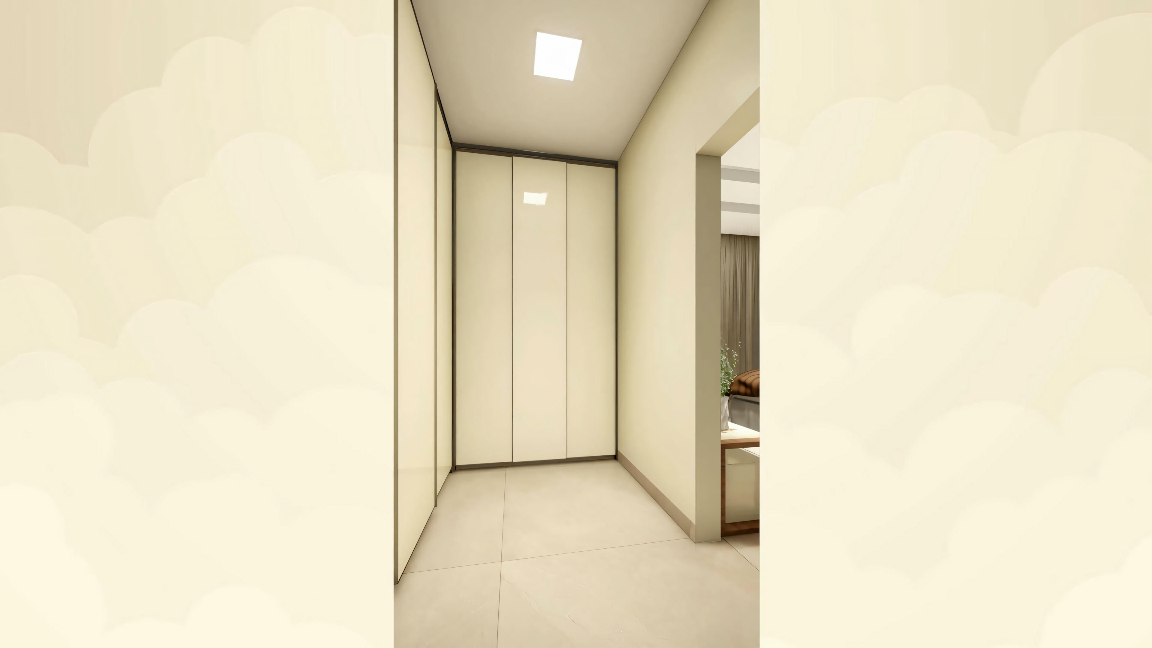 Espaço interior com paredes bege, teto branco e piso acarpetado em tom bege, com uma porta aberta levando a outro cômodo.