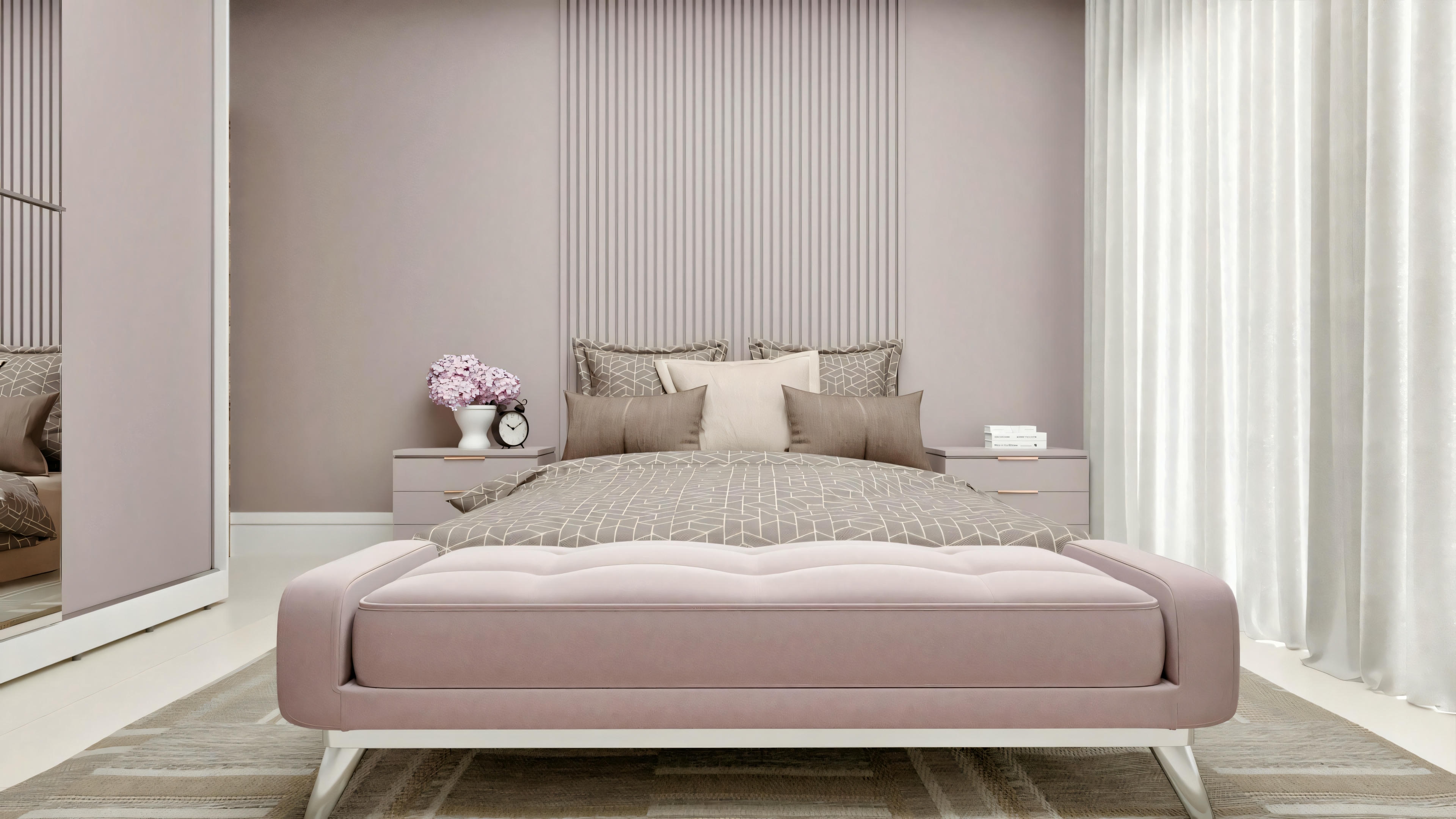 Suite bedroom with elegant design in shades of antique pink and lilac, part of a modern neoclassical house. Centralized bed with vertical panel headboard, bedside tables, and matching upholstered bench. Mirrored wardrobe and window with curtains. One of 4 suites in the project.