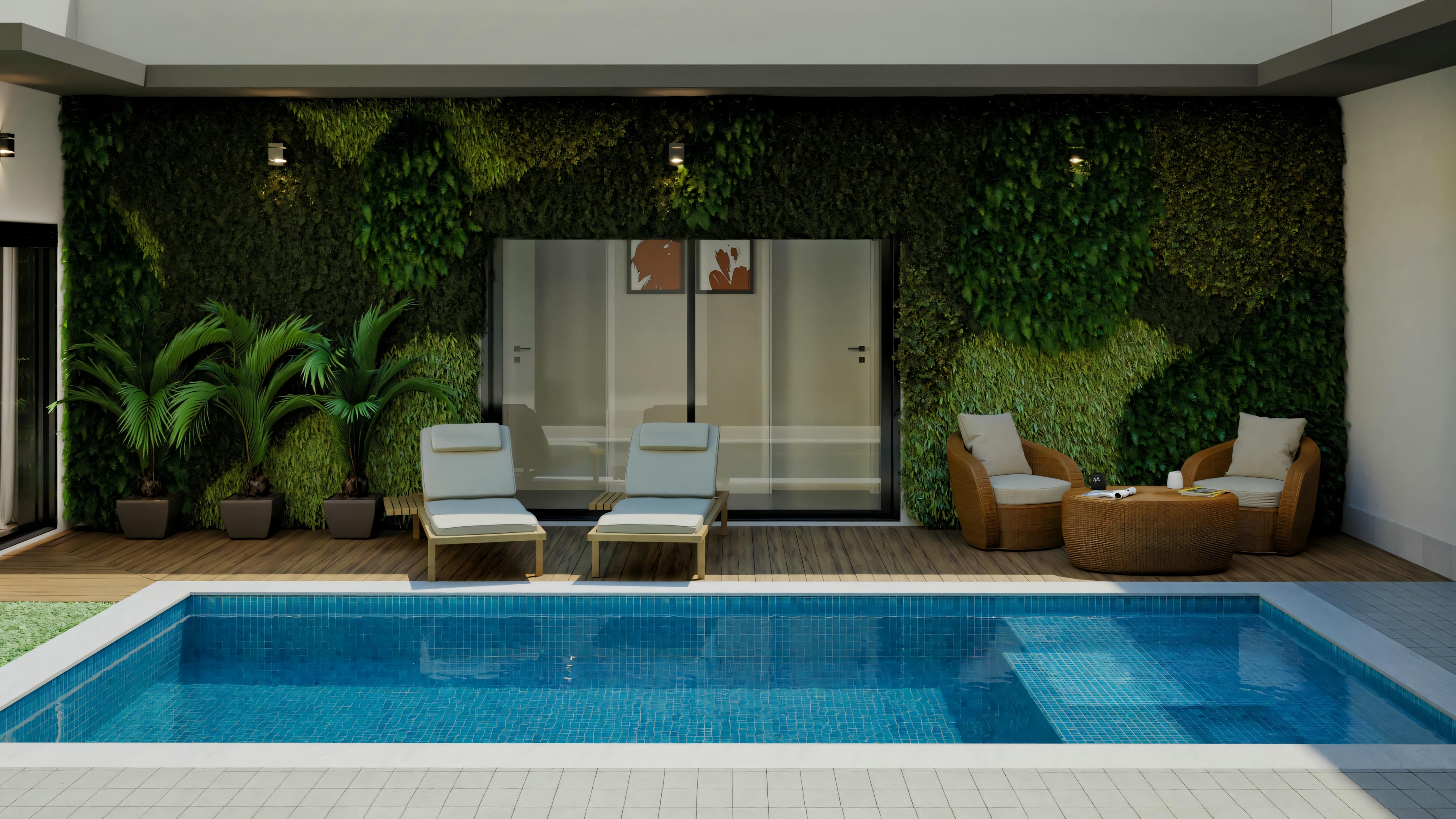Área interna con piscina rectangular, asientos y plantas en macetas.