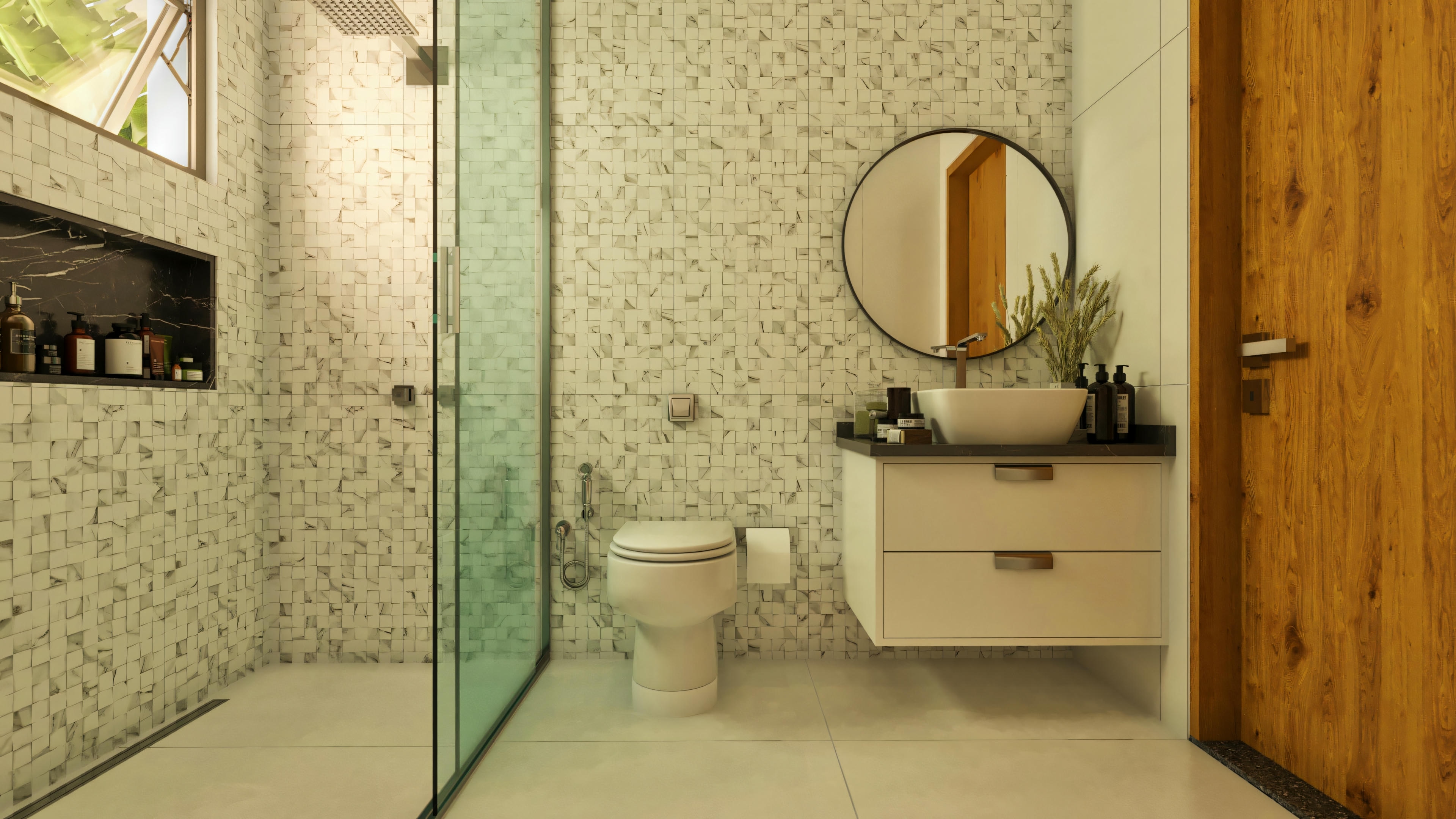 Baño con azulejos estampados, espejo redondo encima del lavabo y toallas colgadas.