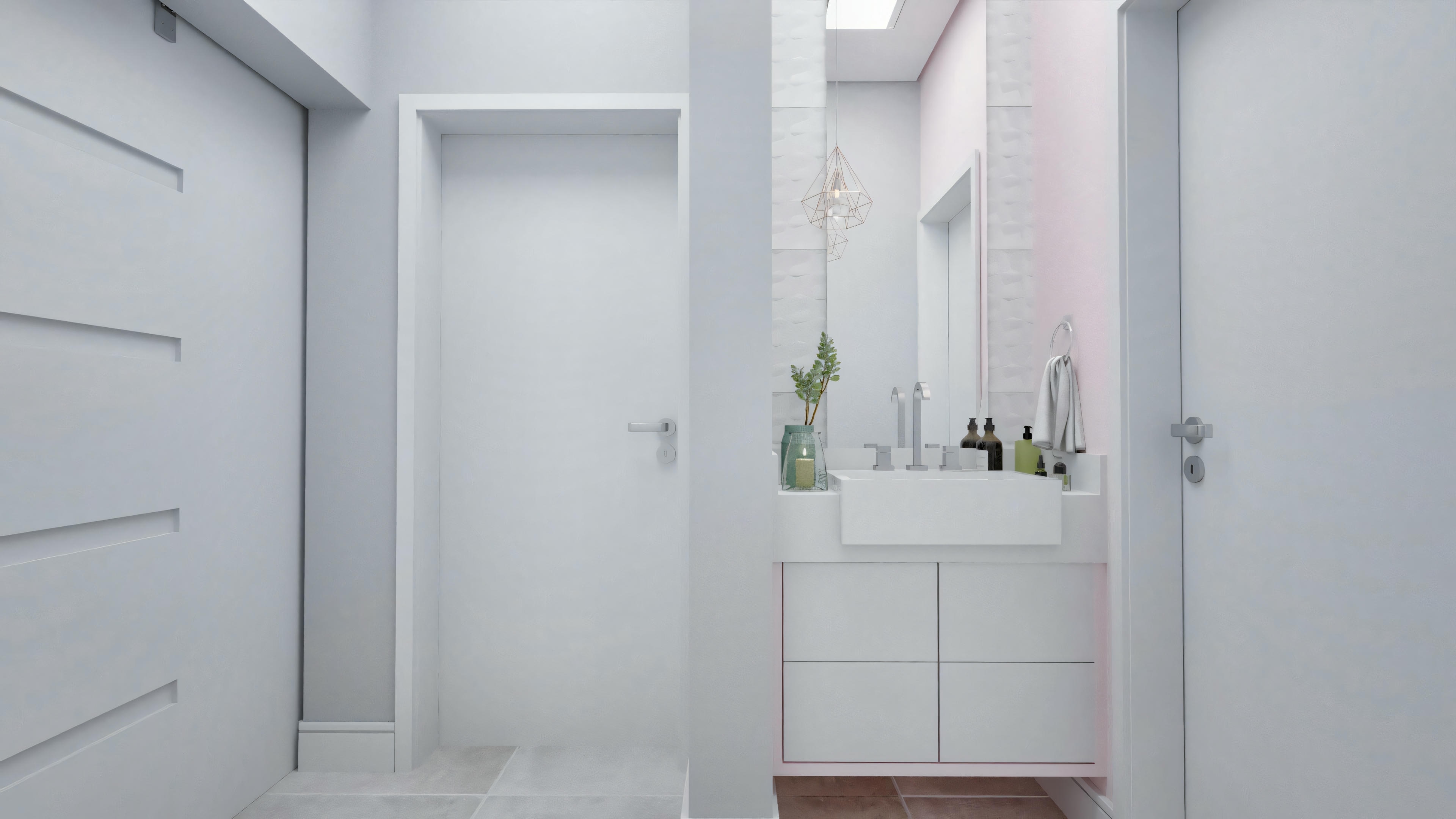 Baño con lavabo, espejo y área de ducha visible.