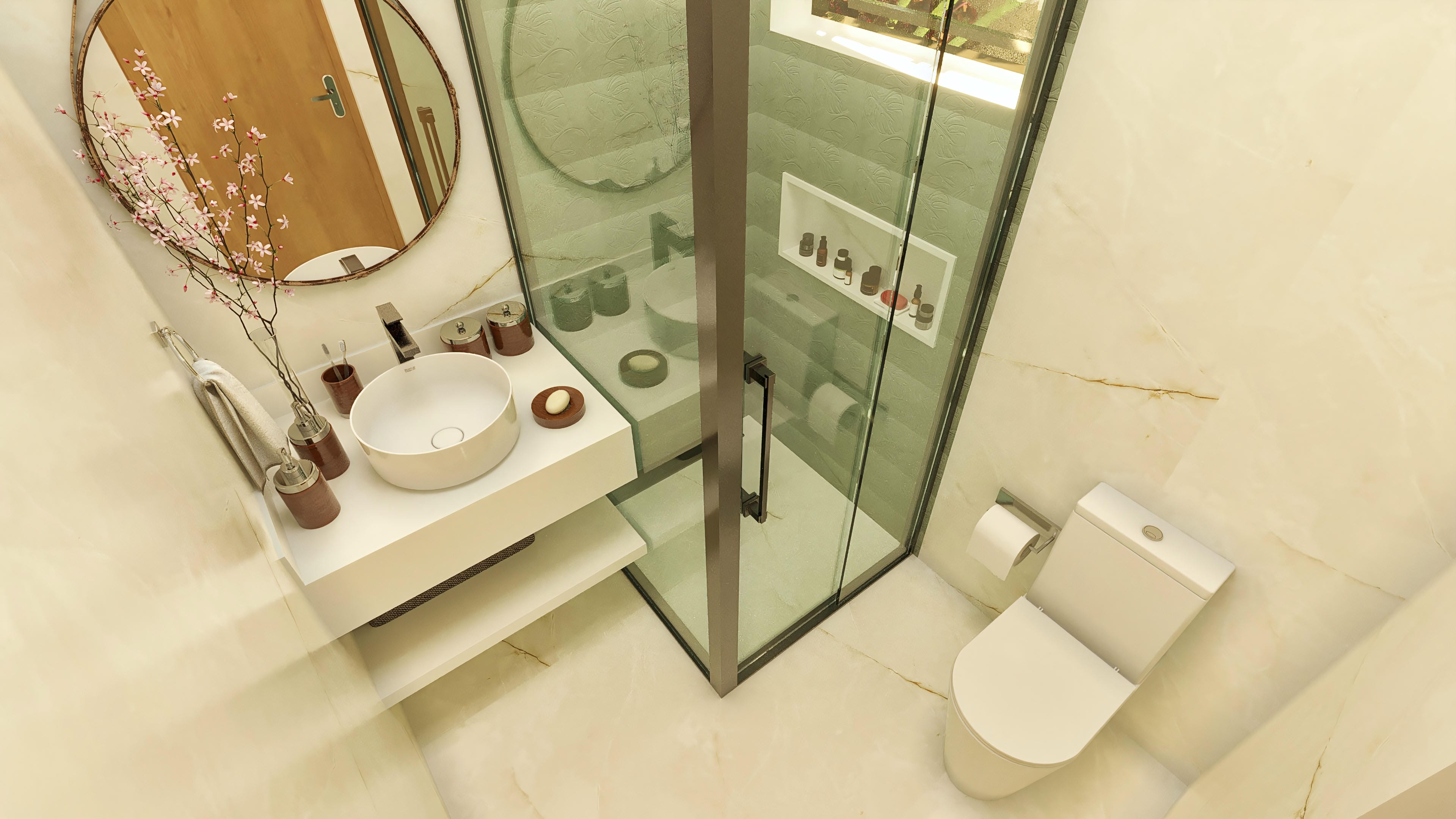 Interior de baño moderno con encimera suspendida, lavabo de apoyo y espejo redondo. Cabina con vidrio texturizado e inodoro con suministro de papel higiénico visible.