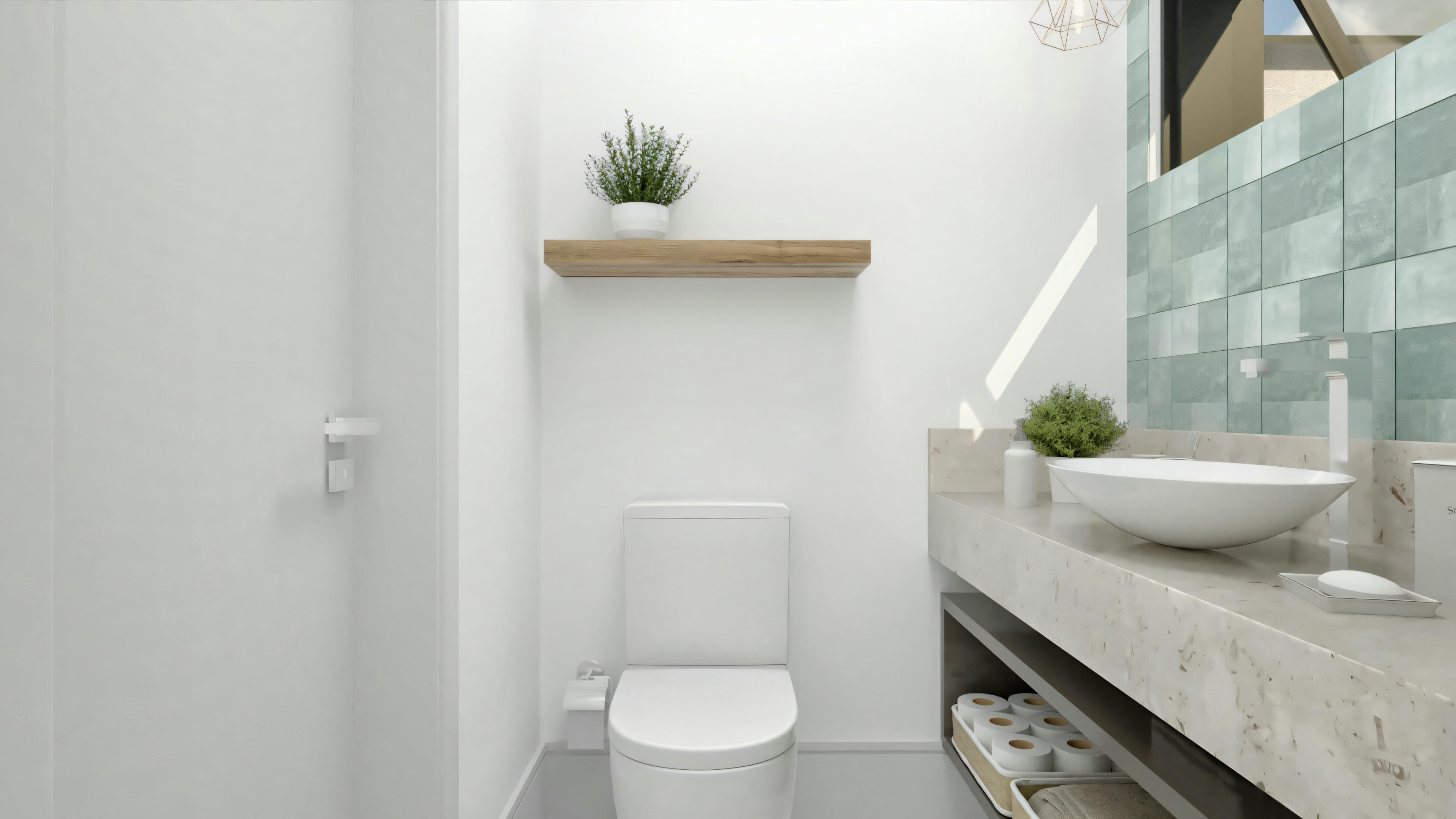 Un baño moderno con inodoro, estante de pared con planta y división de vidrio para la ducha.