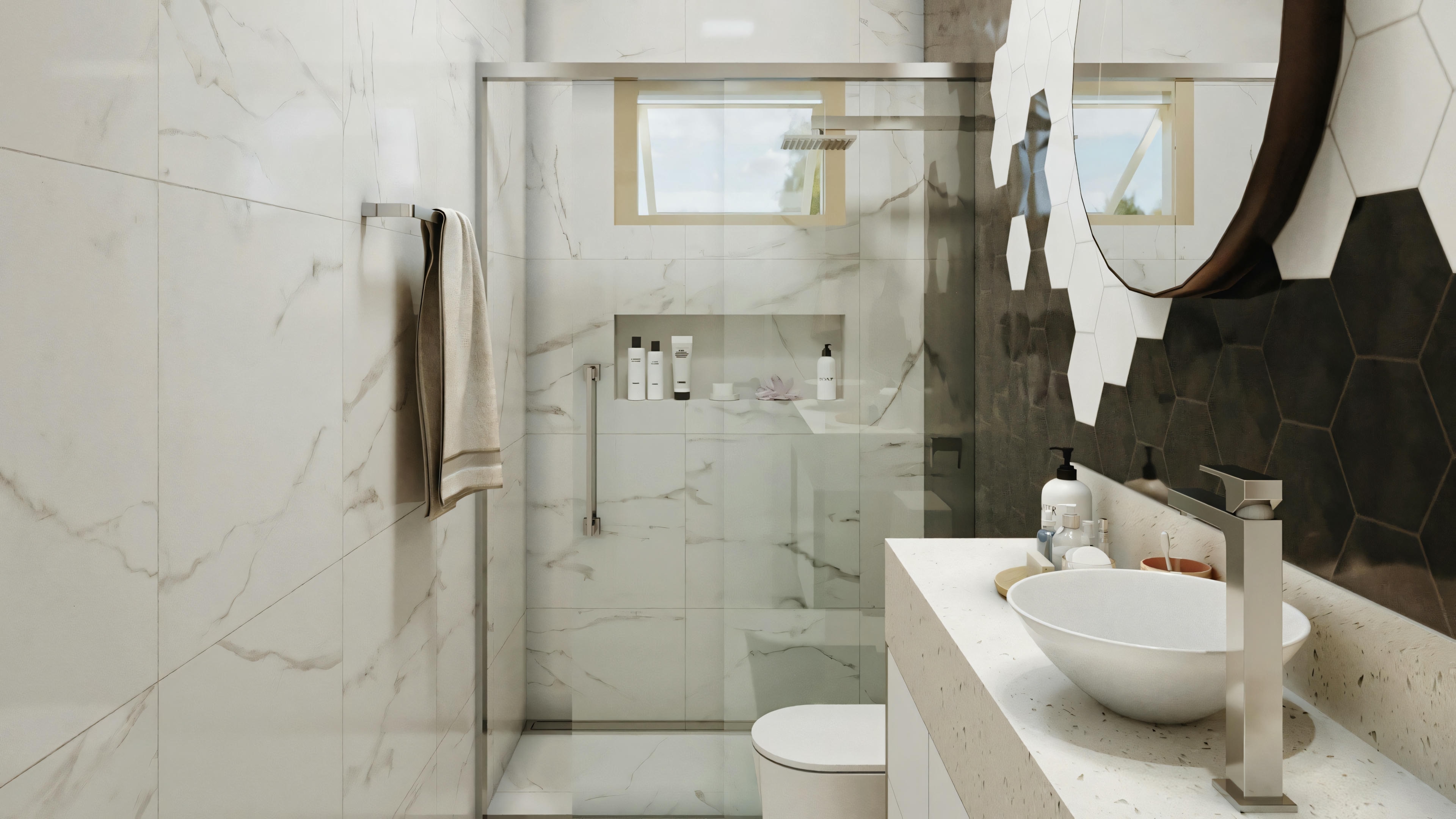 Un baño moderno con tema blanco, presentando un inodoro, un bidé, dos lavabos con espejos encima de ellos y un área de ducha visible al fondo.