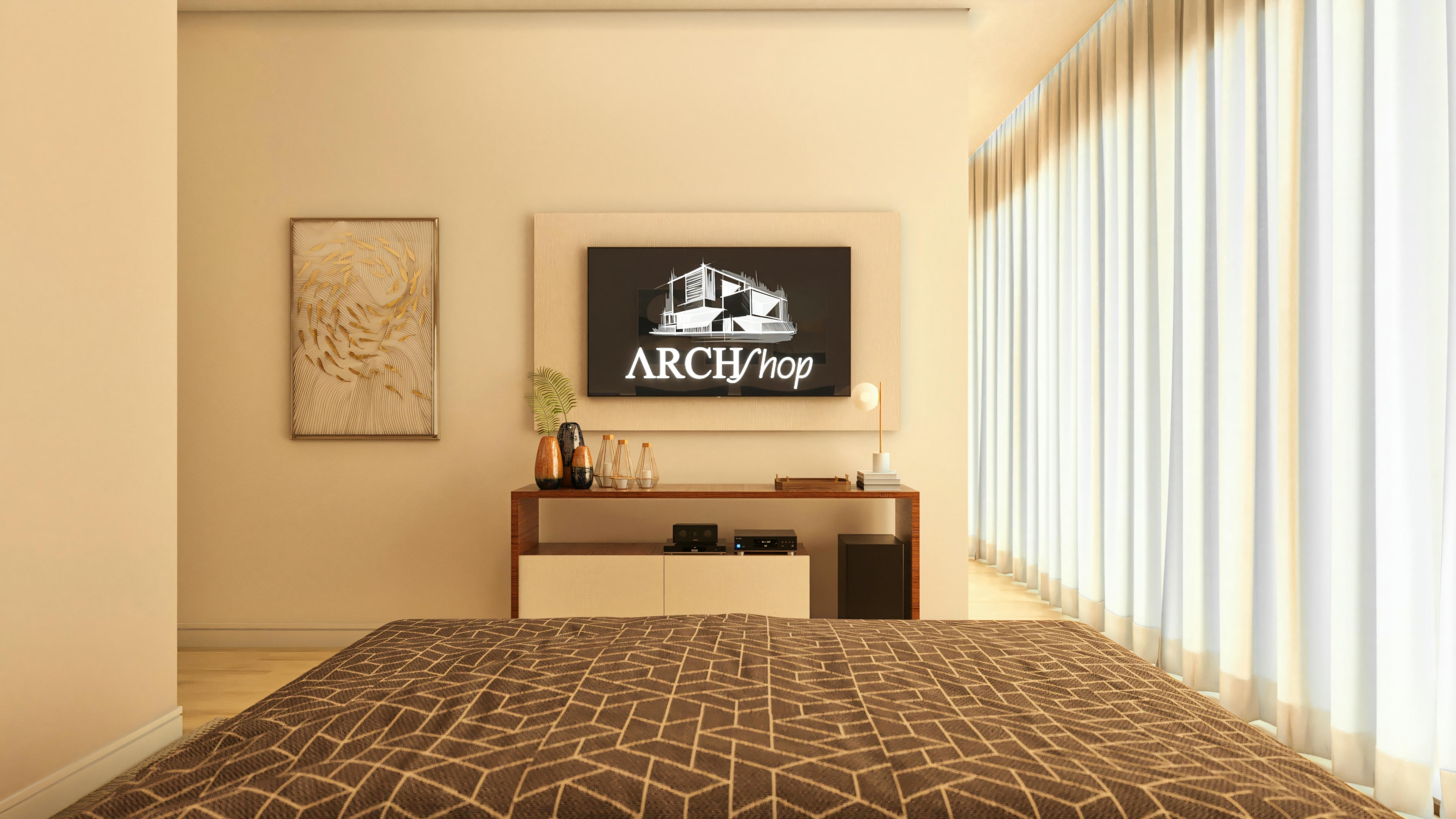 Front view of the suite in a high-standard house with 5 bedrooms, from the bed, showing TV panel, console, and side window with curtains.